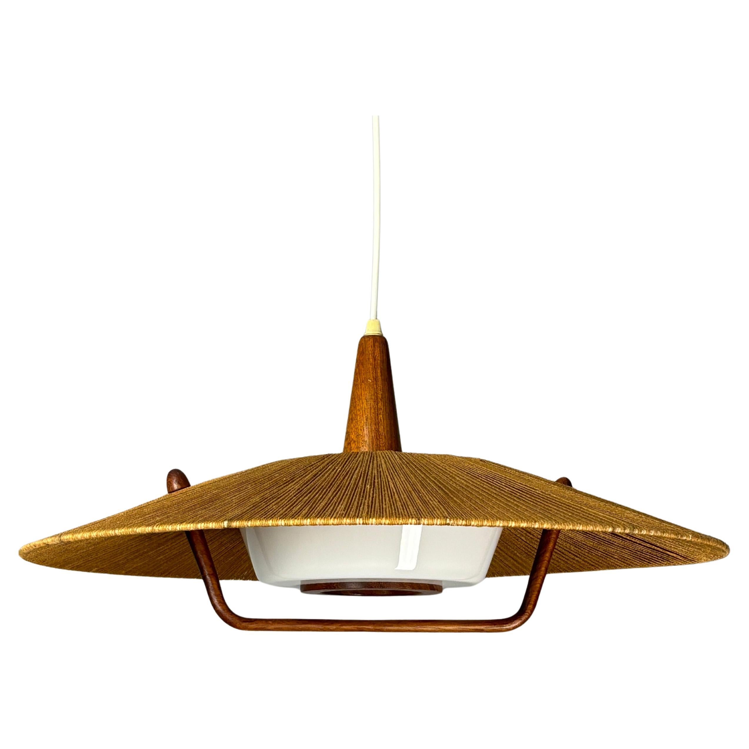 Grande lampe suspendue en teck et corde de sisal du milieu du siècle dernier, années 1960