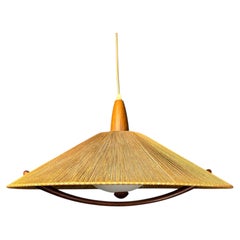Gran lámpara colgante de mediados de siglo de teca y cuerda de sisal, años 60