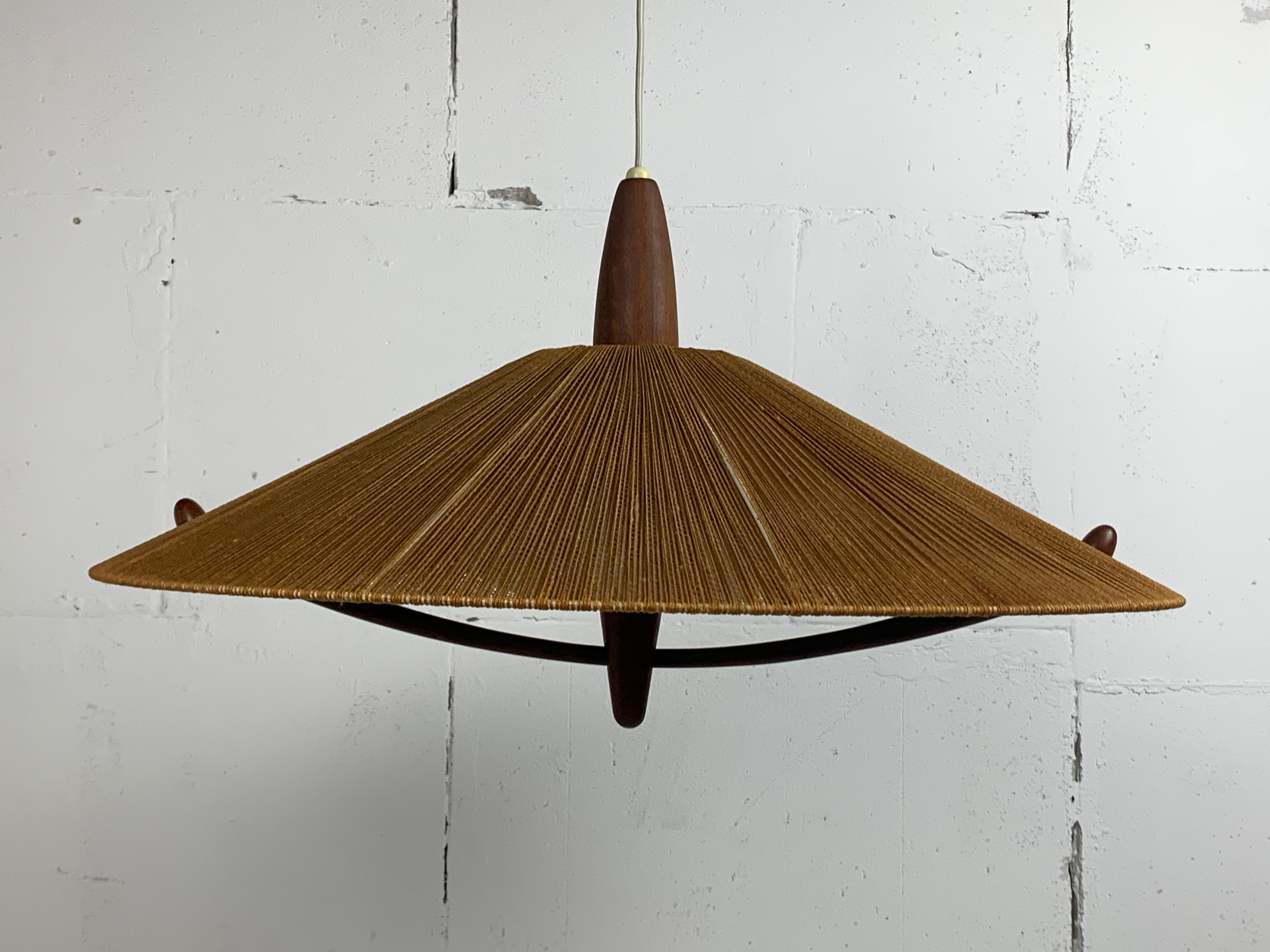 Large Mid-Century Teak and Sisal Cord Hanging Pendant Lamp attributed to Temde L 3