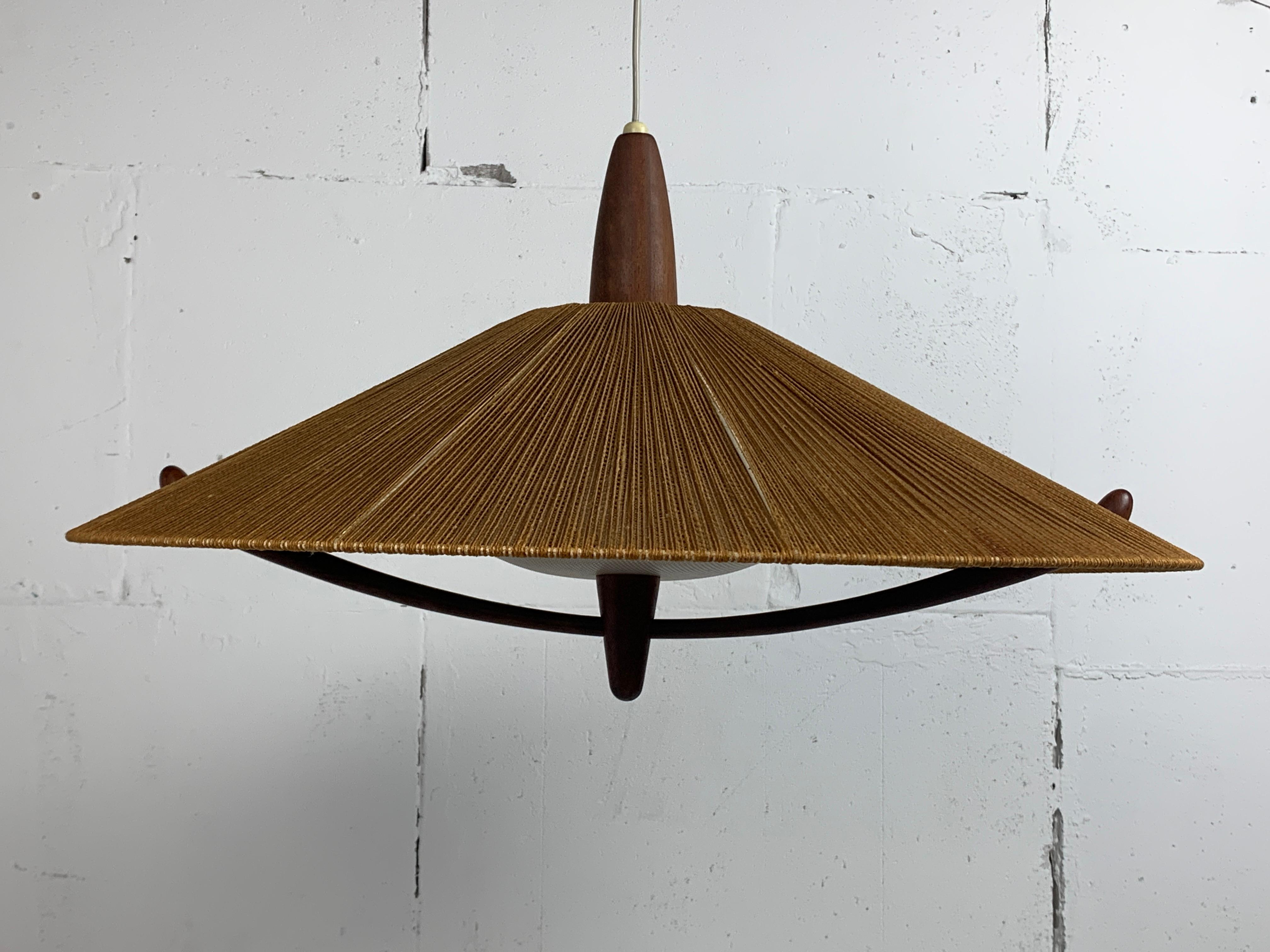 Large Mid-Century Teak and Sisal Cord Hanging Pendant Lamp attributed to Temde L 4