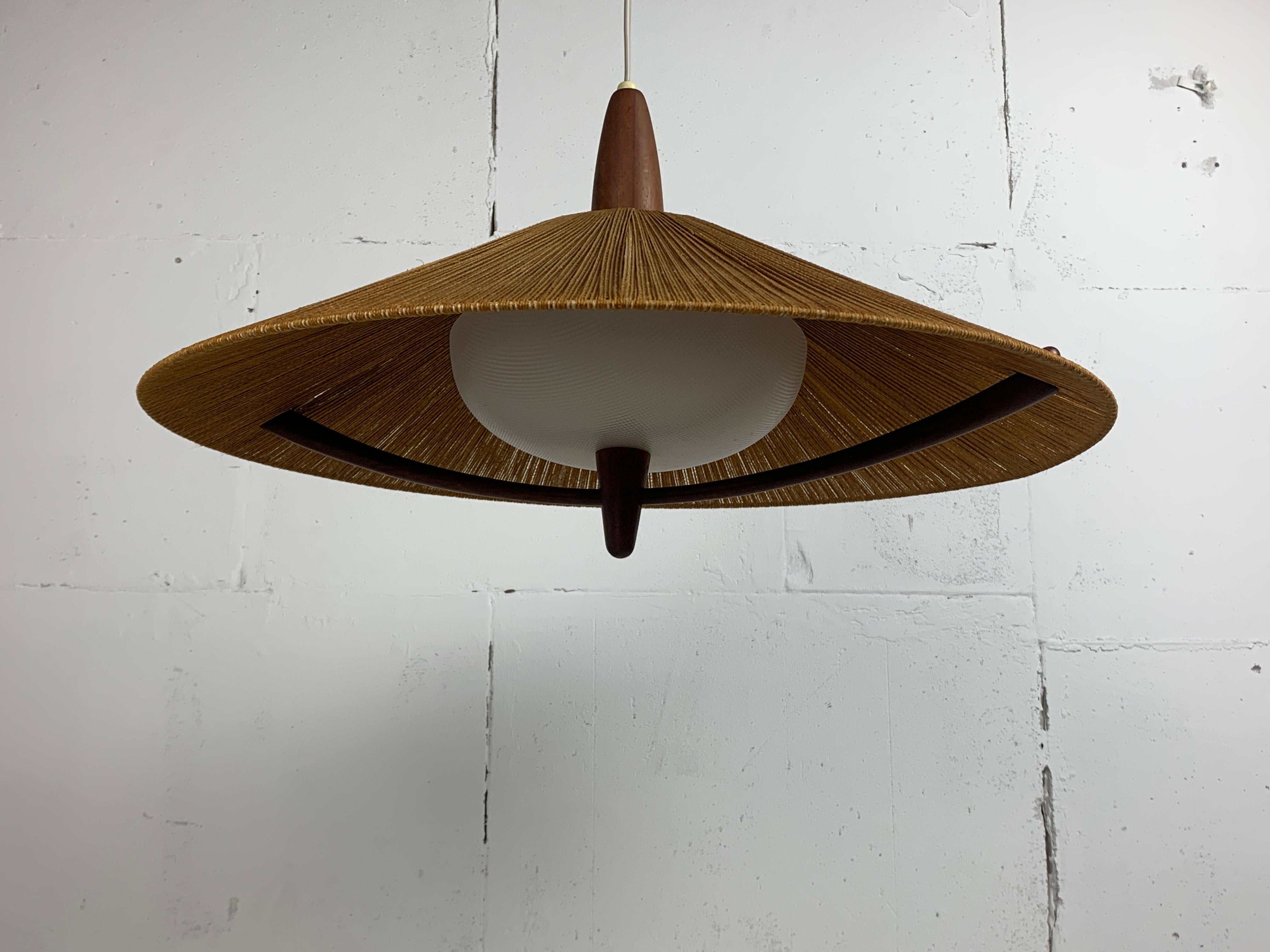Large Mid-Century Teak and Sisal Cord Hanging Pendant Lamp attributed to Temde L 5