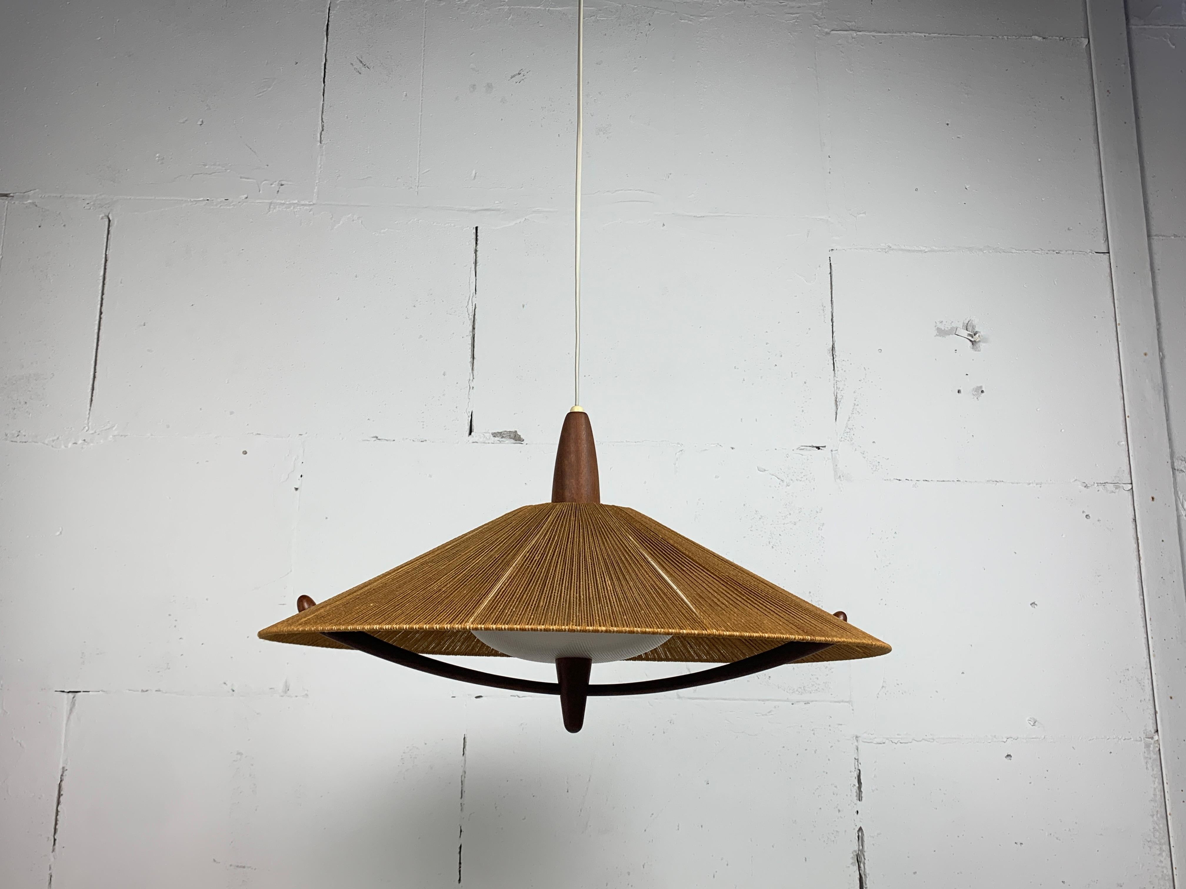 Large Mid-Century Teak and Sisal Cord Hanging Pendant Lamp attributed to Temde L 6