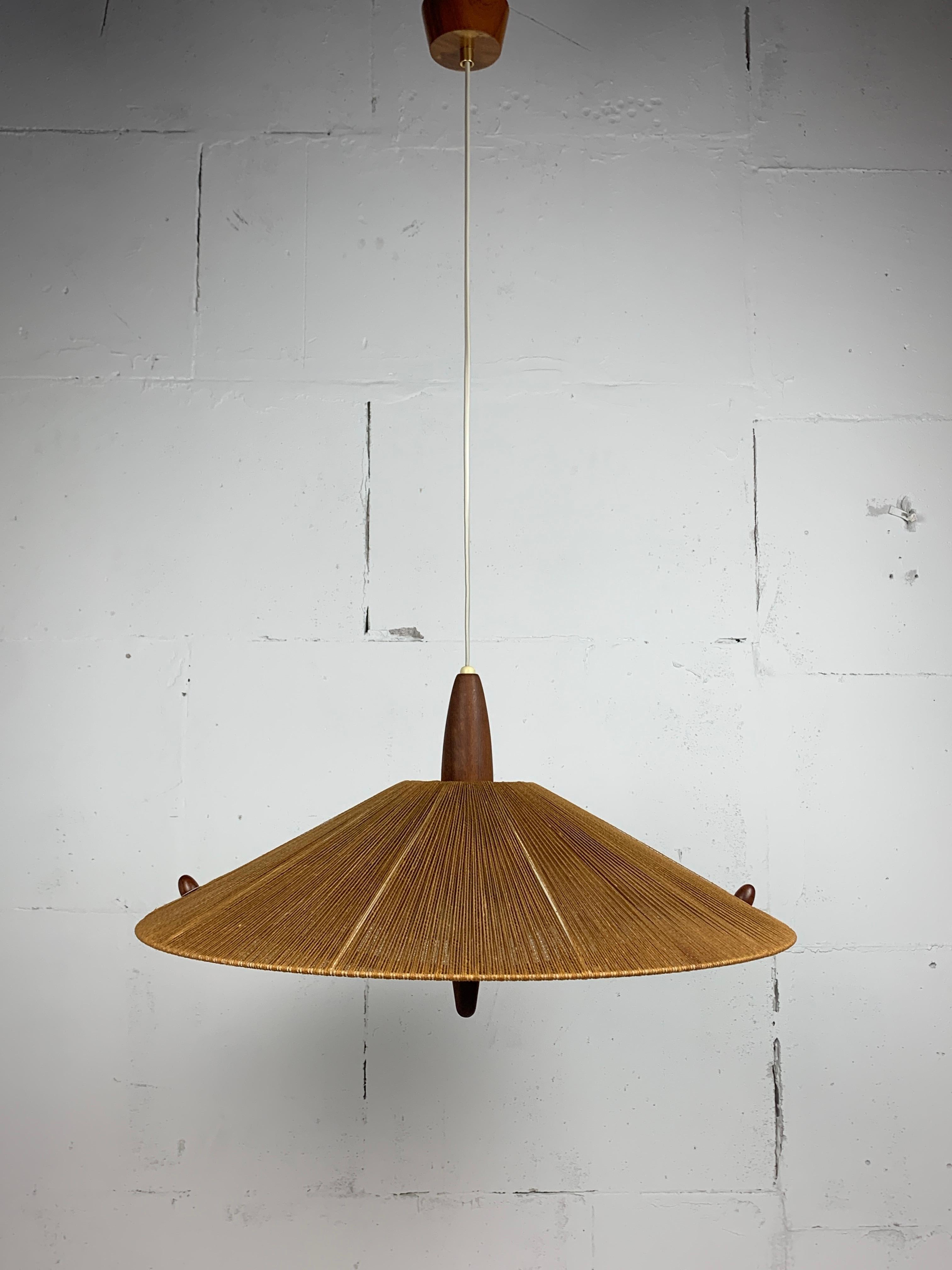 Large Mid-Century Teak and Sisal Cord Hanging Pendant Lamp attributed to Temde L 7