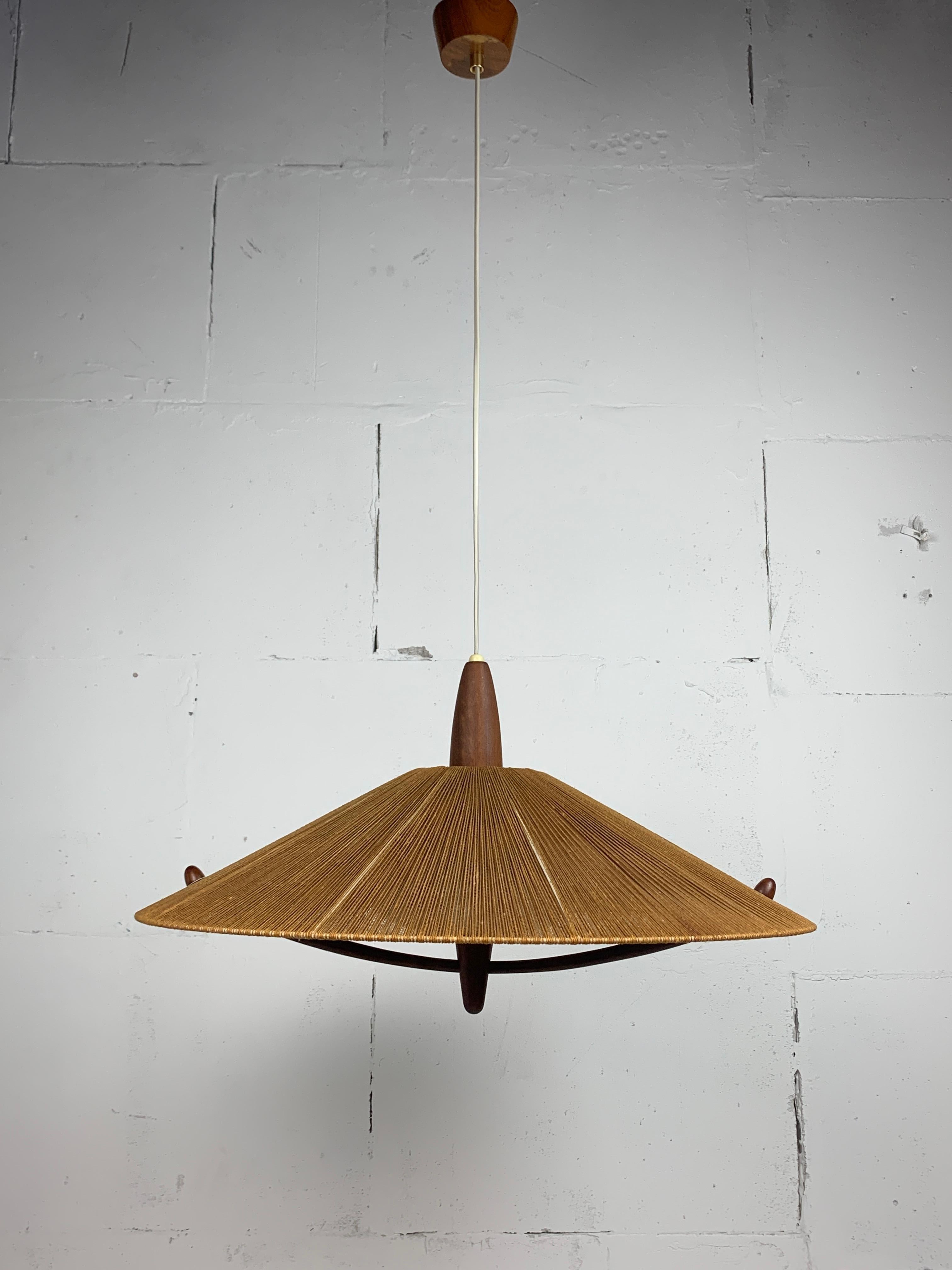 Large Mid-Century Teak and Sisal Cord Hanging Pendant Lamp attributed to Temde L 8