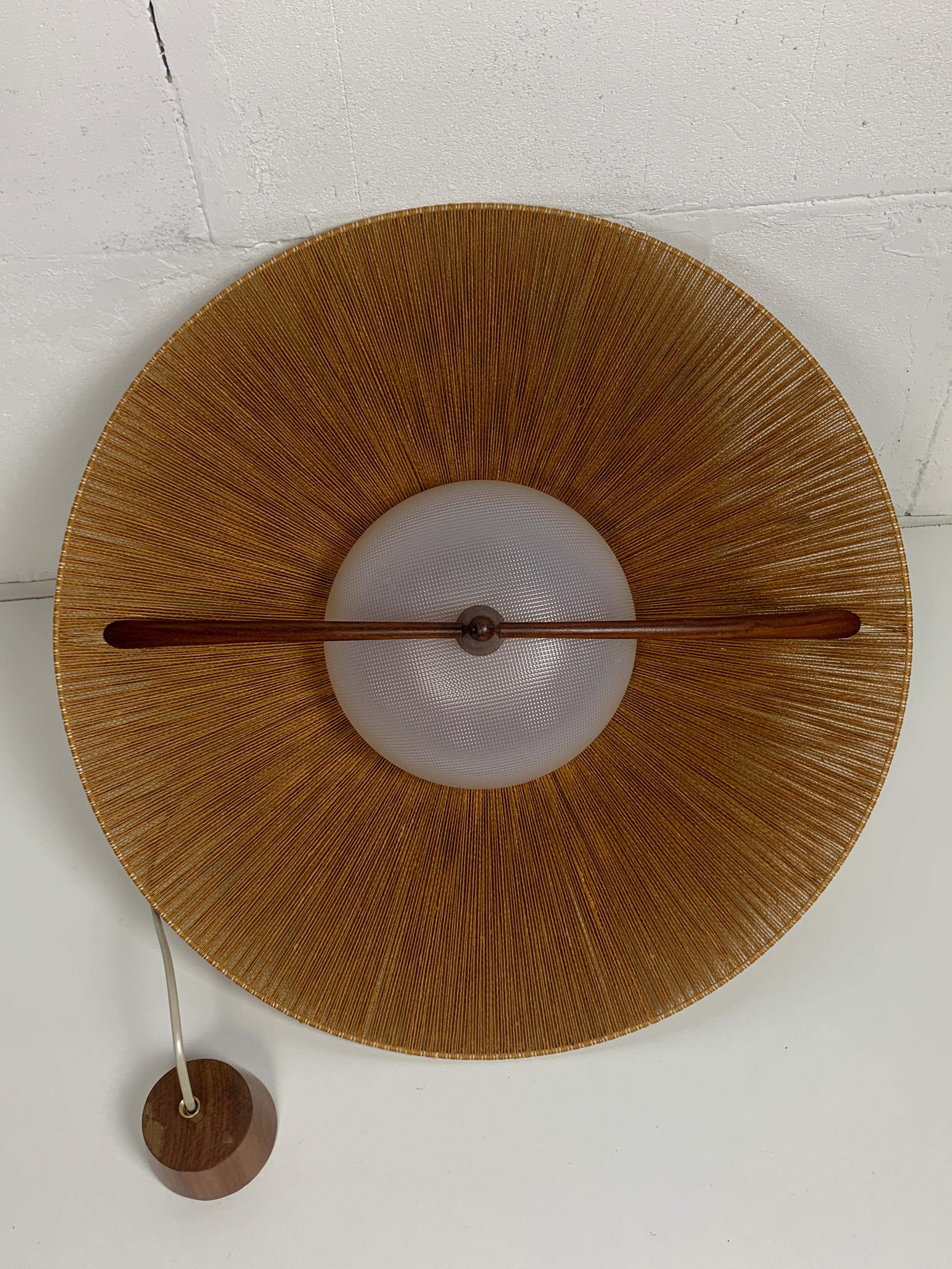 Large Mid-Century Teak and Sisal Cord Hanging Pendant Lamp attributed to Temde L 9