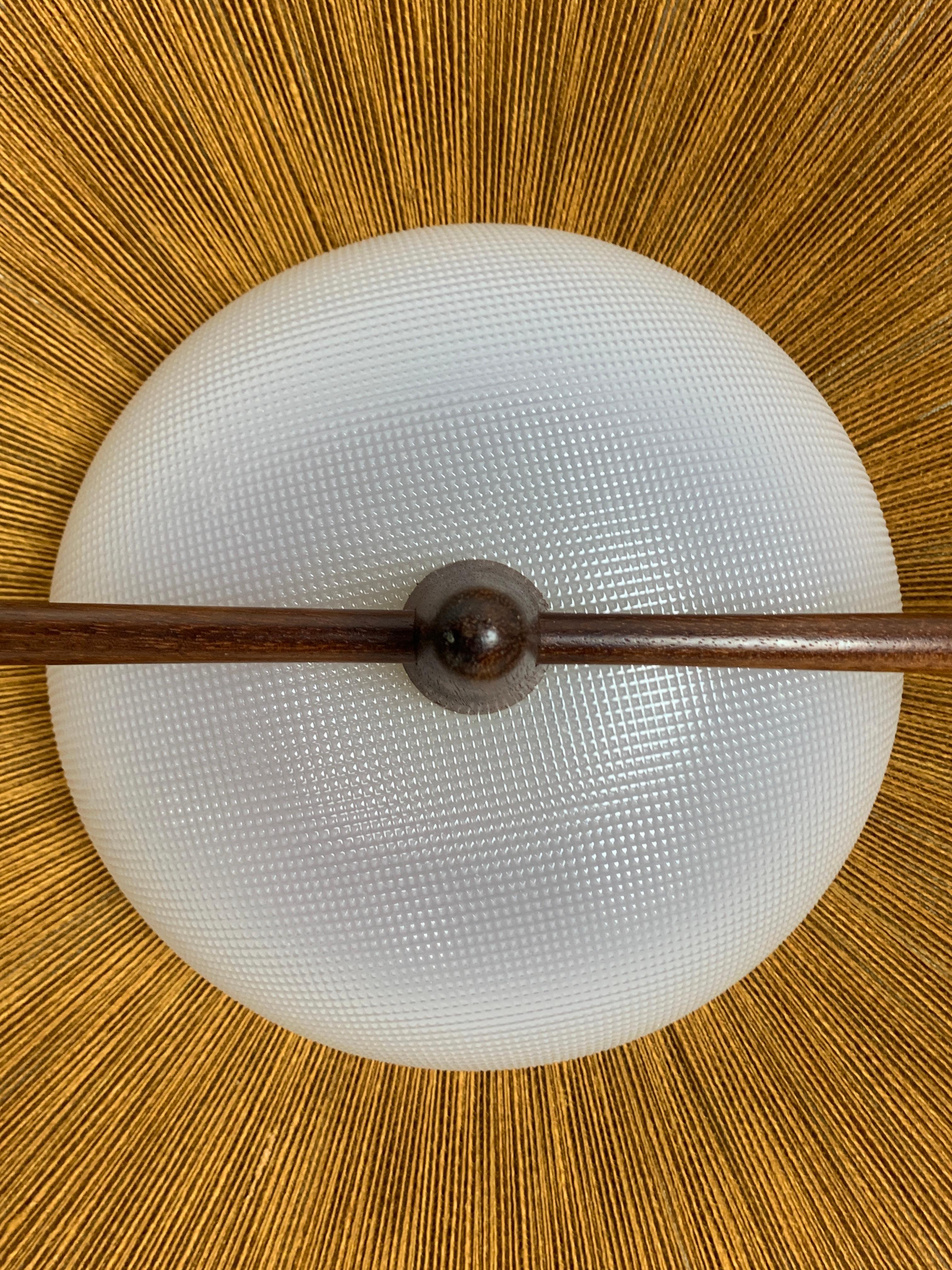Large Mid-Century Teak and Sisal Cord Hanging Pendant Lamp attributed to Temde L 10