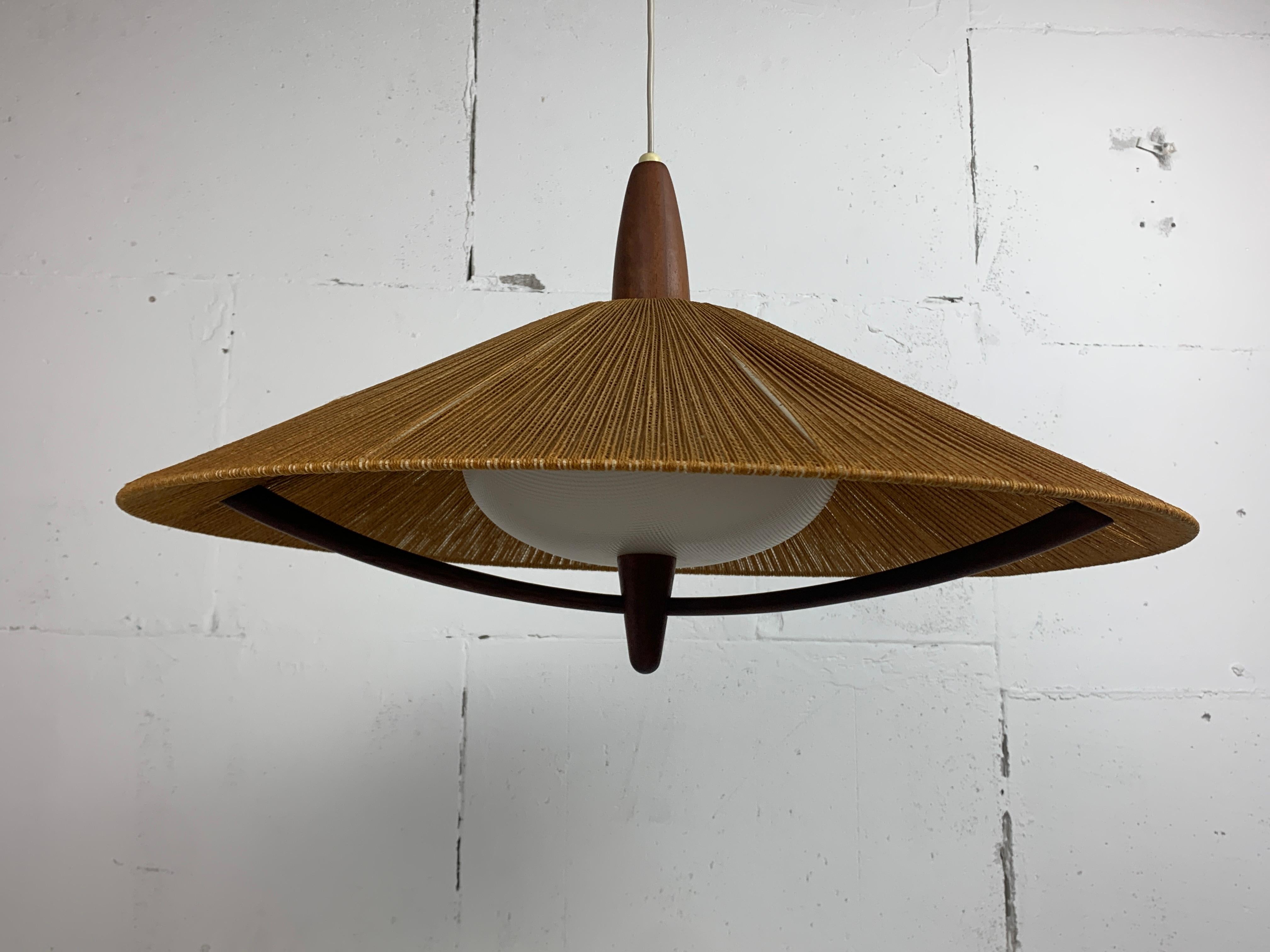 Space Age Large Mid-Century Teak and Sisal Cord Hanging Pendant Lamp attributed to Temde L