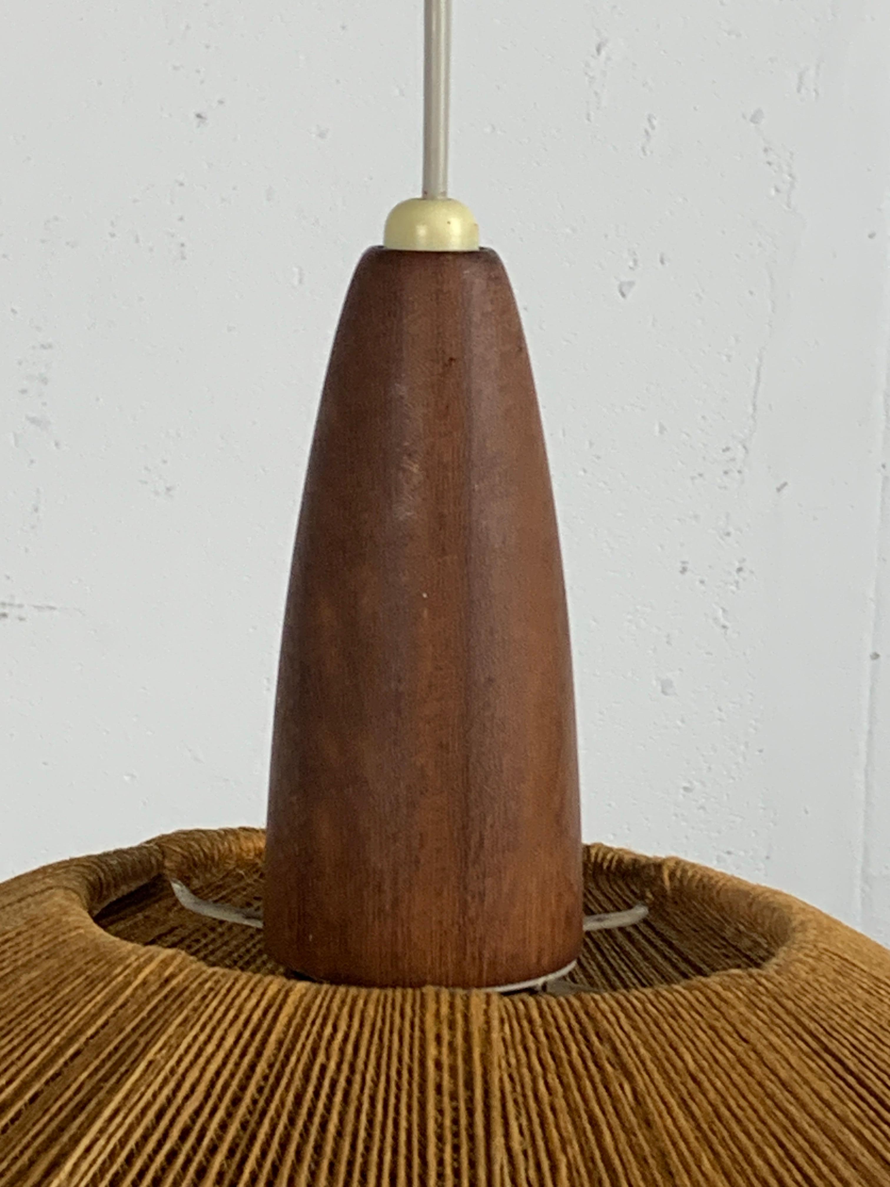 Swiss Large Mid-Century Teak and Sisal Cord Hanging Pendant Lamp attributed to Temde L
