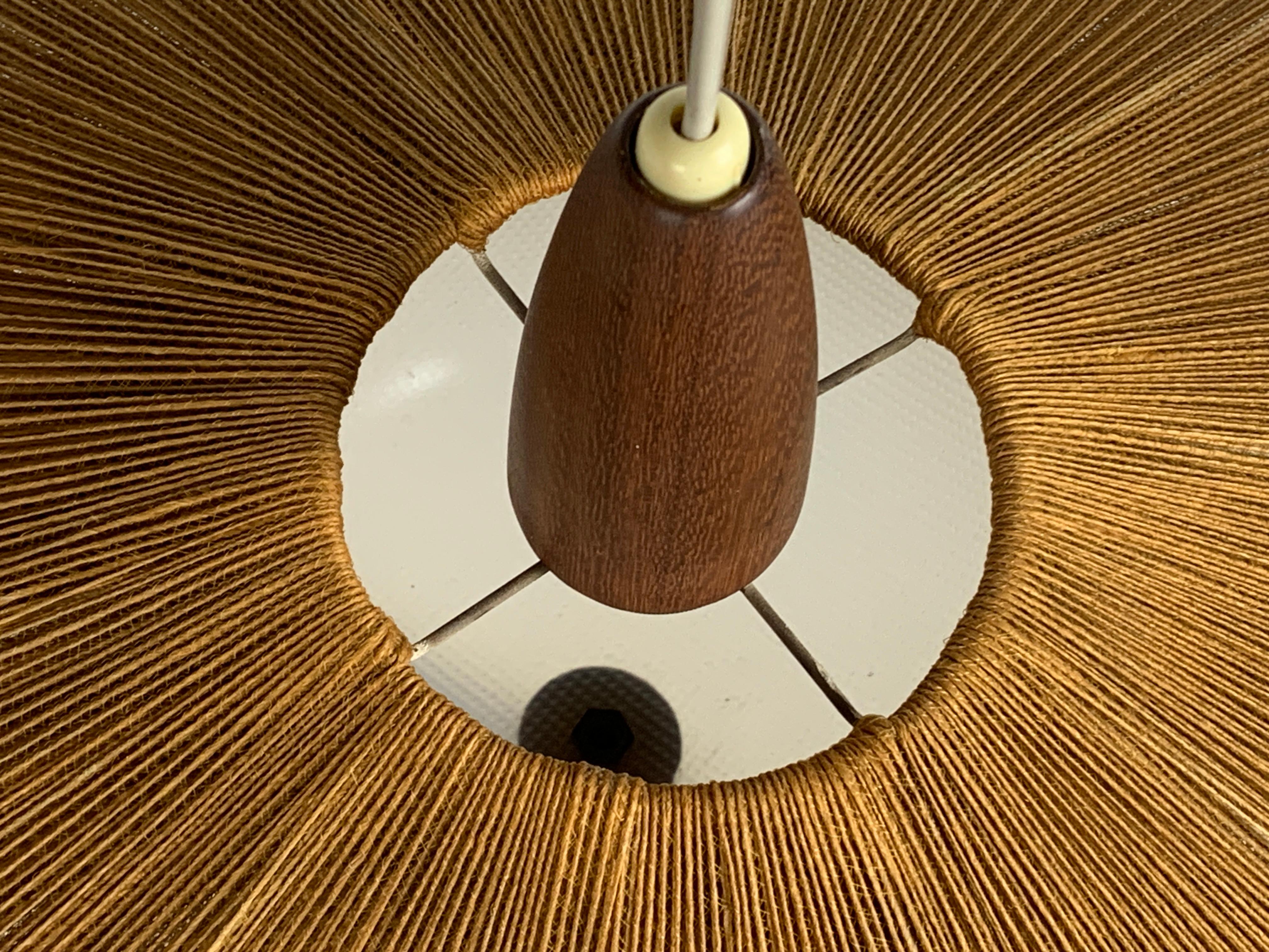 Large Mid-Century Teak and Sisal Cord Hanging Pendant Lamp attributed to Temde L 1