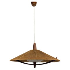 Large Mid-Century Teak and Sisal Cord Hanging Pendant Lamp attributed to Temde L