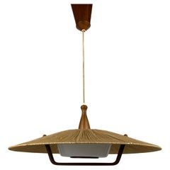 Large Mid-Century Teak and Sisal Cord Hanging Pendant Lamp attributed to Temde L