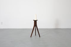 Mid-Century Dutch Teak Standing Candle Holder with Metal Spike and Tripod Base