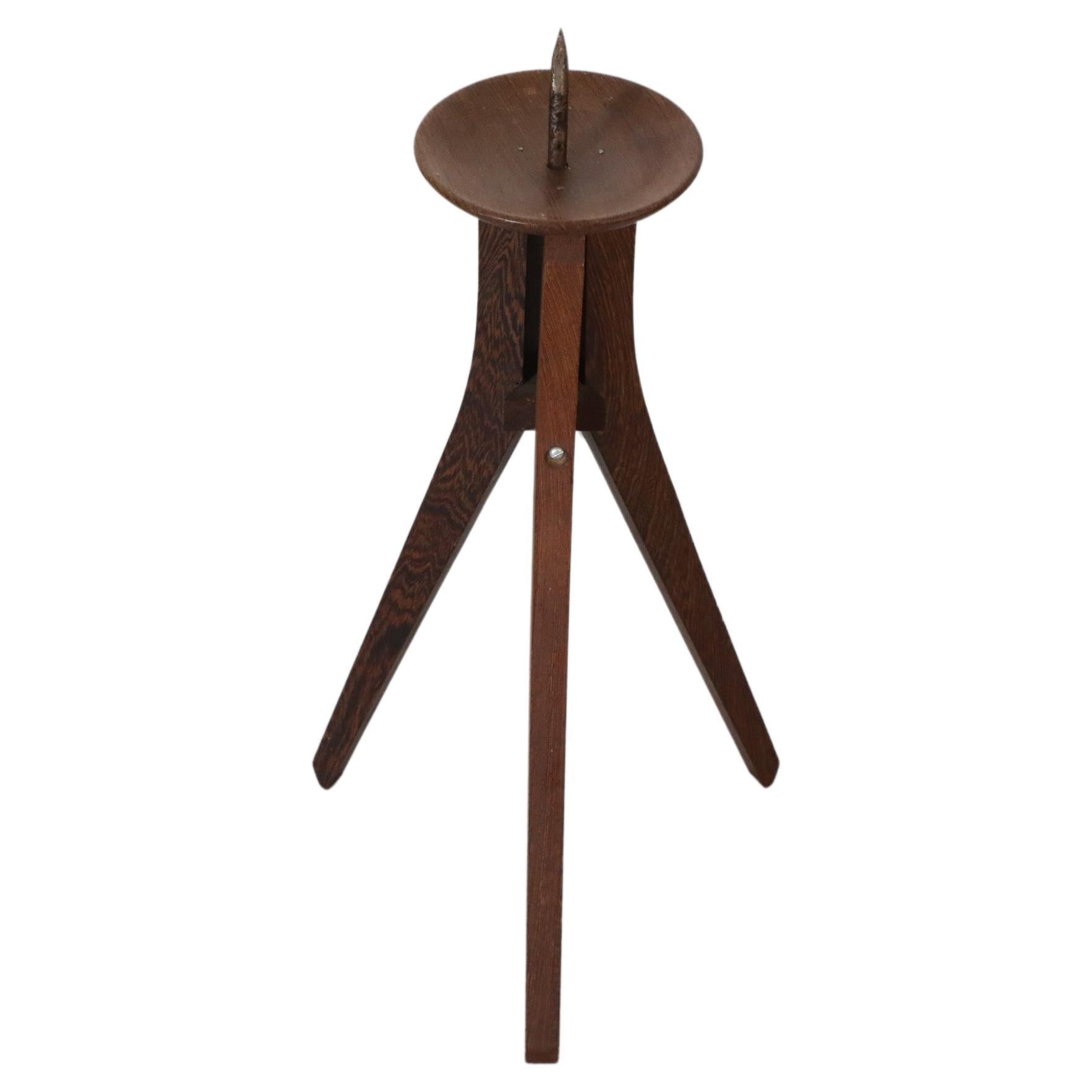Large Mid-Century Teak Standing Spiked Candle Holder For Sale