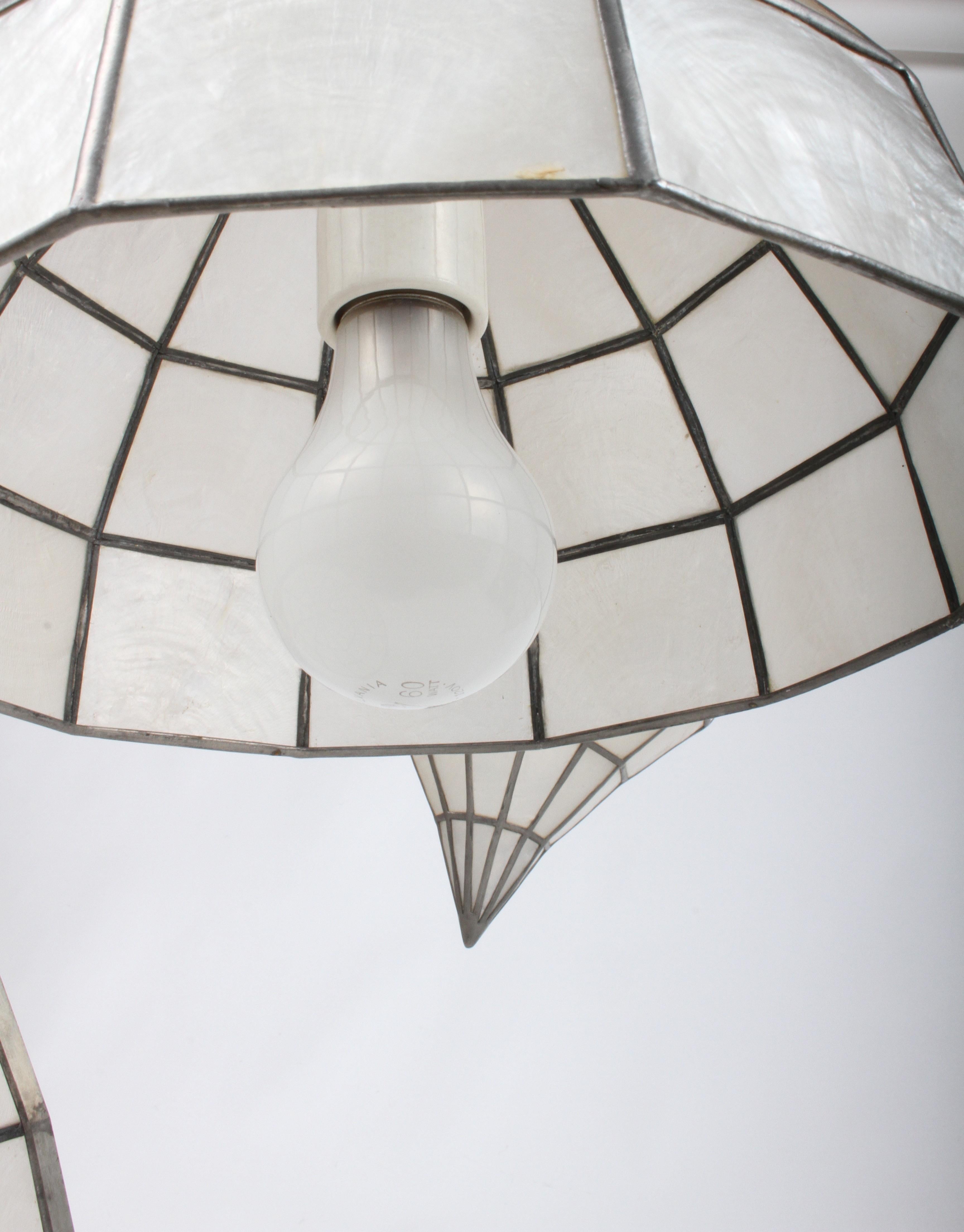 Large Mid-Century Three-Arm Tiered Capiz Shell Teardrop Chandelier For Sale 5