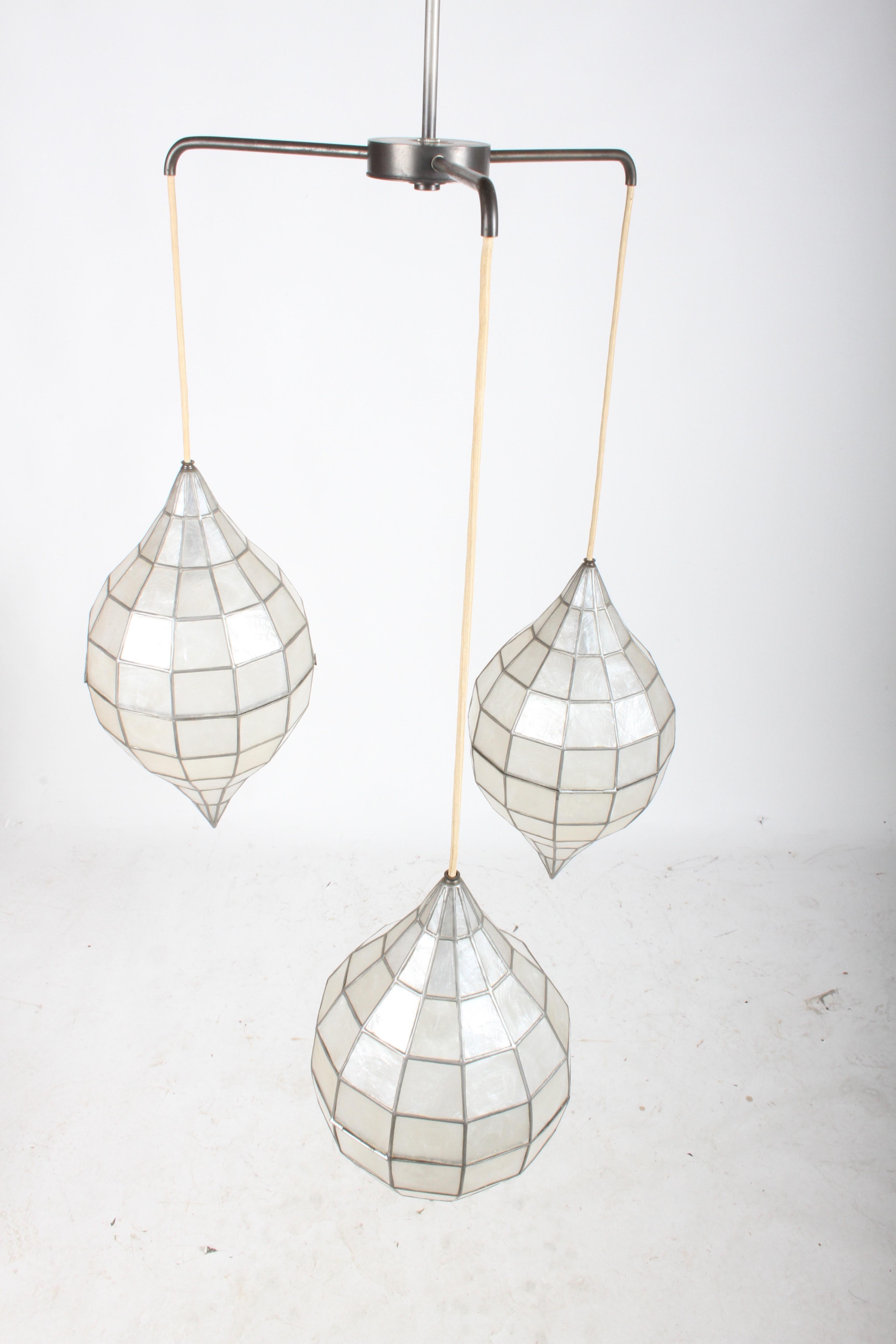 Large Mid-Century Three-Arm Tiered Capiz Shell Teardrop Chandelier For Sale 10