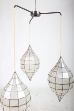 Large Mid-Century Three-Arm Tiered Capiz Shell Teardrop Chandelier