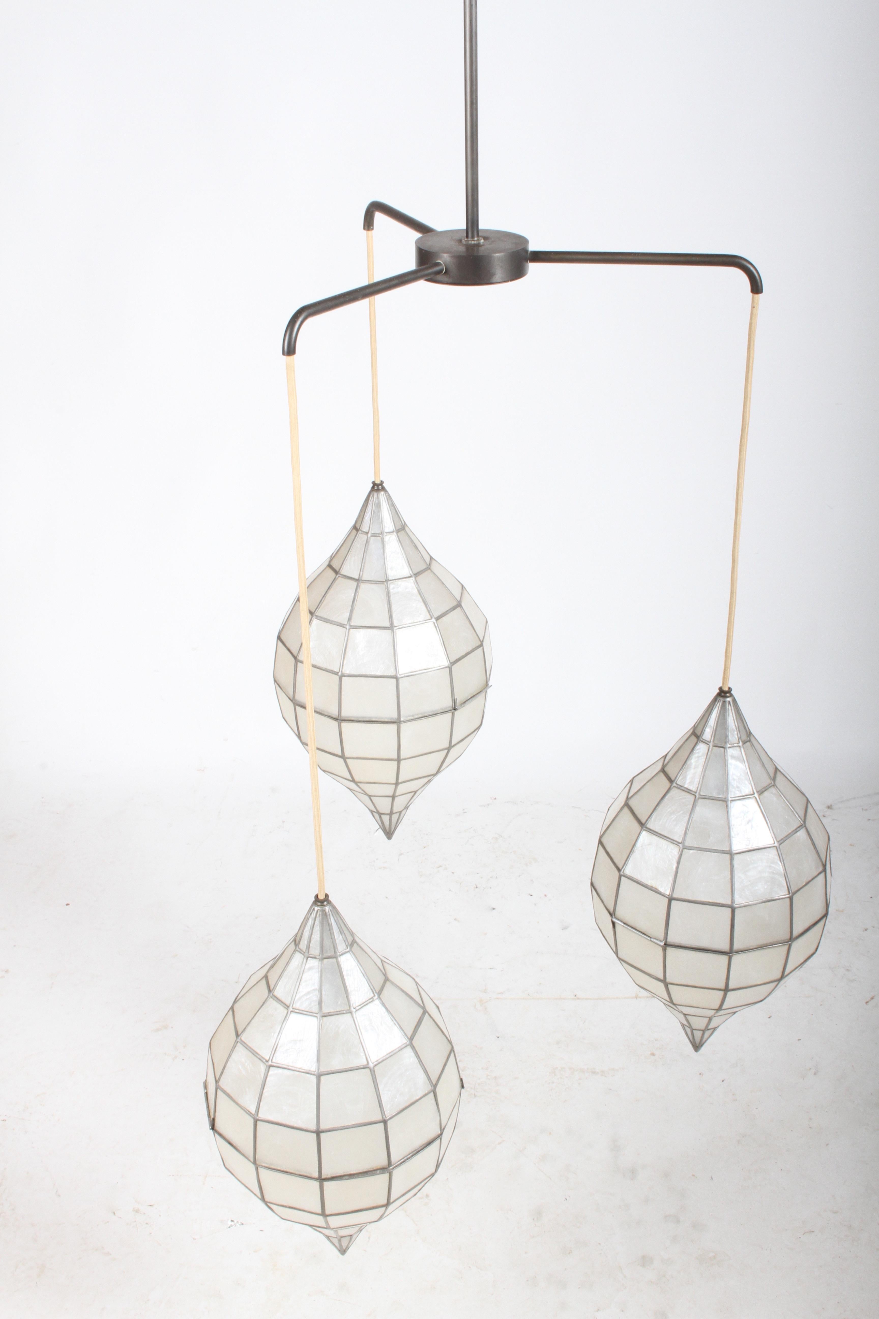 Mid-20th Century Large Mid-Century Three-Arm Tiered Capiz Shell Teardrop Chandelier For Sale