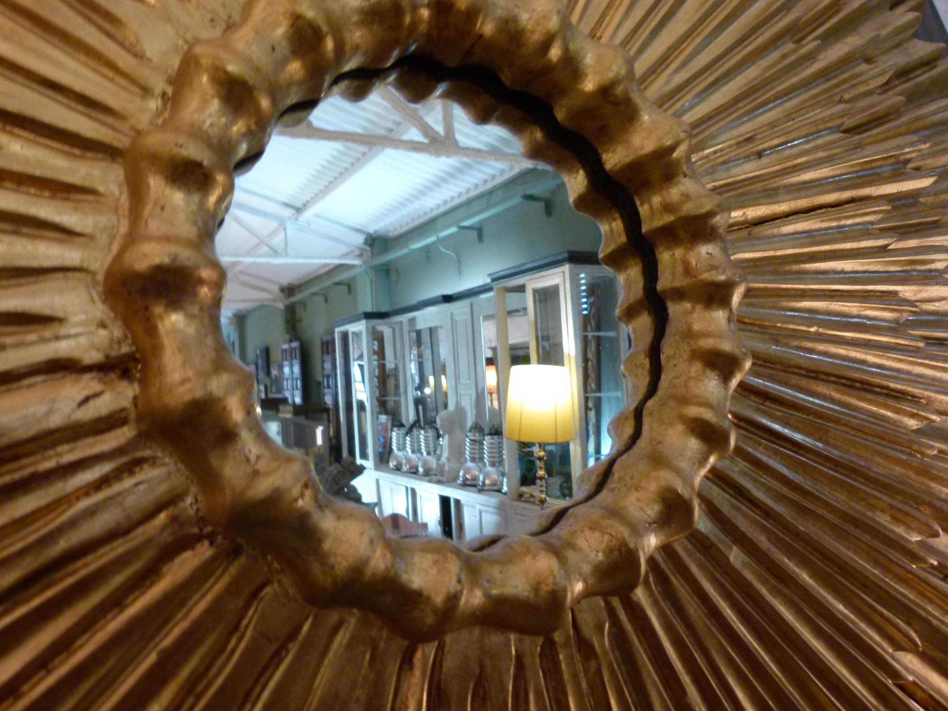 Spanish Large Midcentury Three Layered Gild-Wood Sunburst Mirror