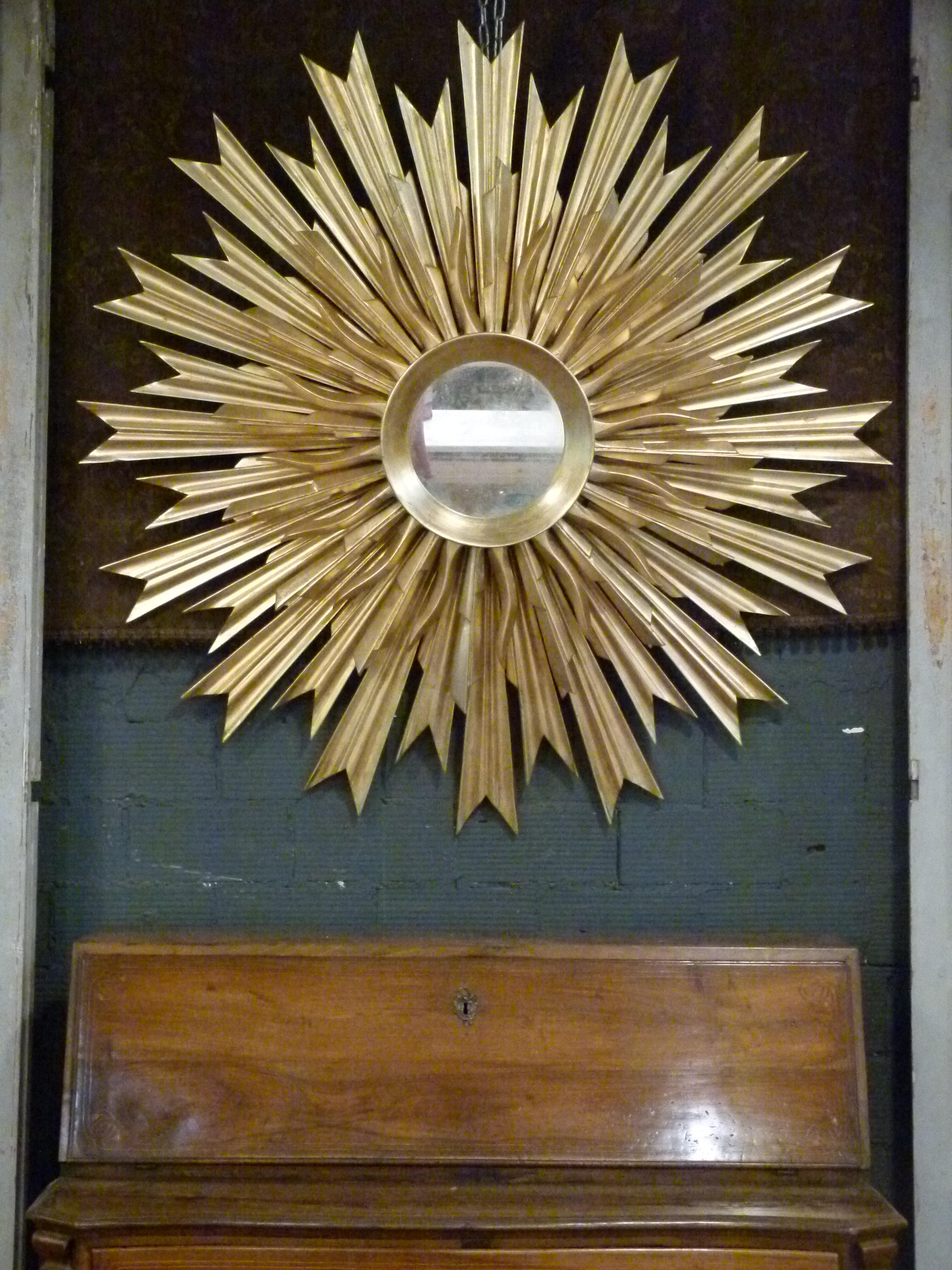 Mid-Century Modern Large mid-century three layered gold-wood sunburst wall mirror.  For Sale
