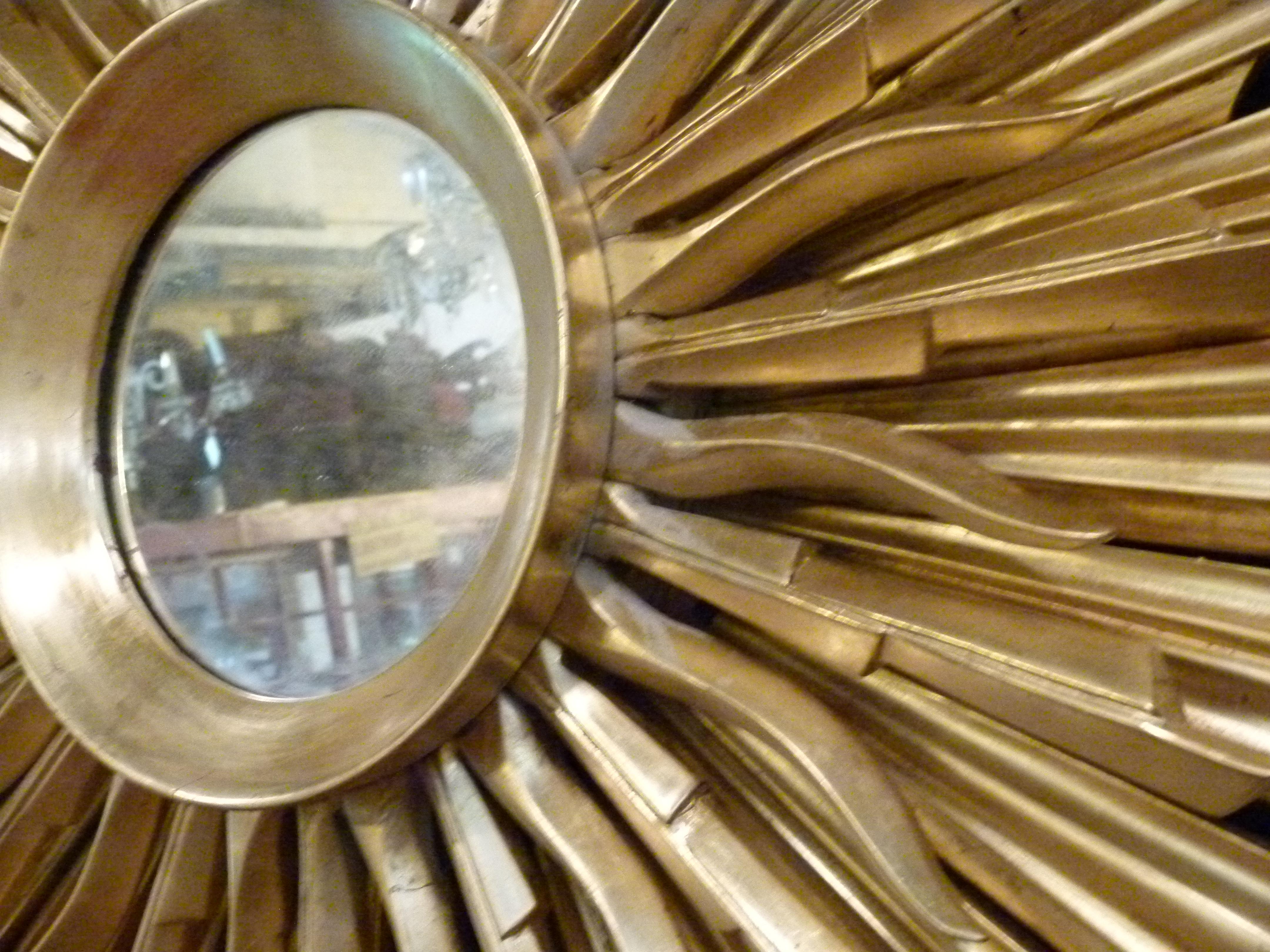 Painted Large mid-century three layered gold-wood sunburst wall mirror.  For Sale