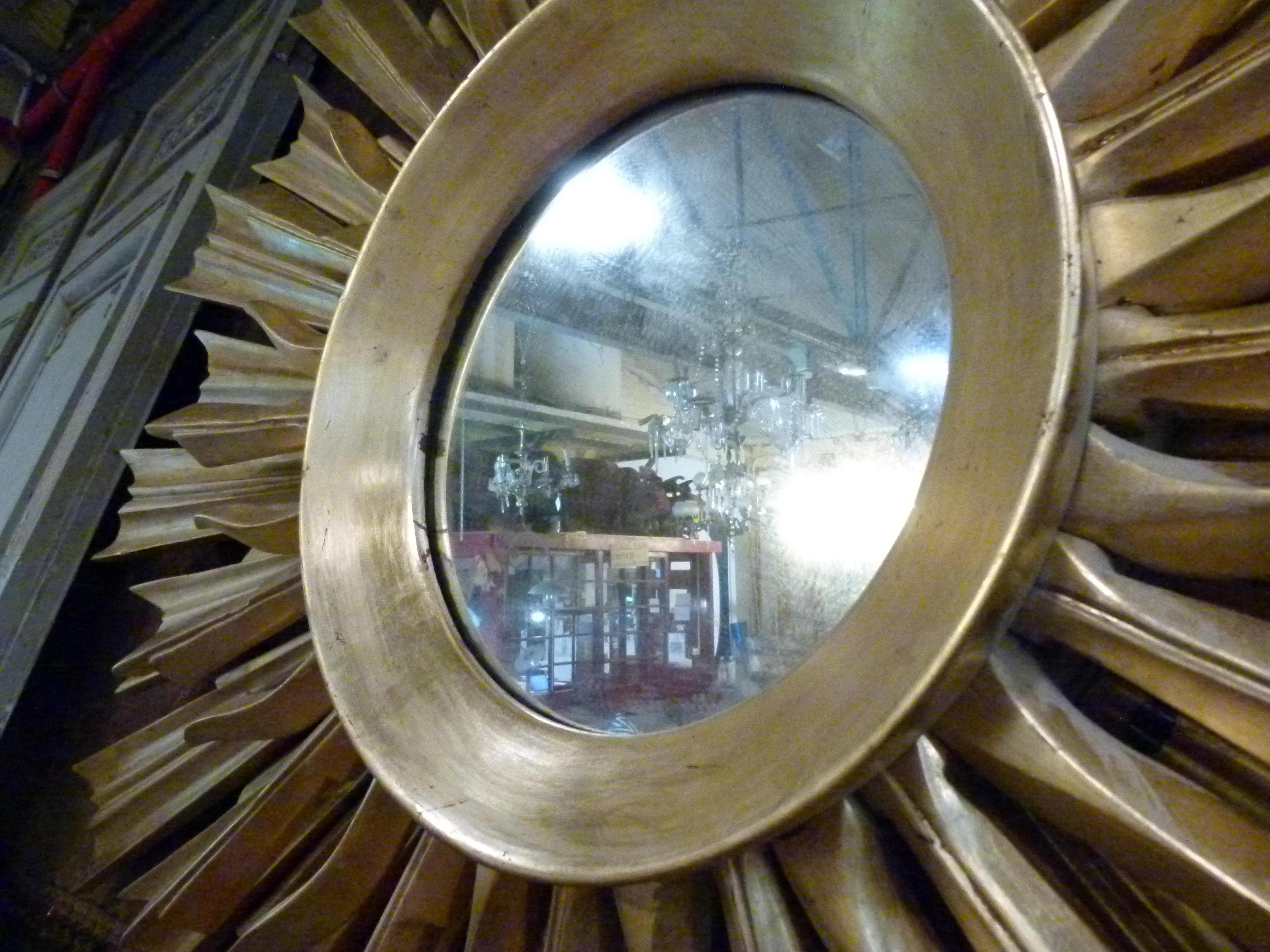 Mirror Large mid-century three layered gold-wood sunburst wall mirror.  For Sale