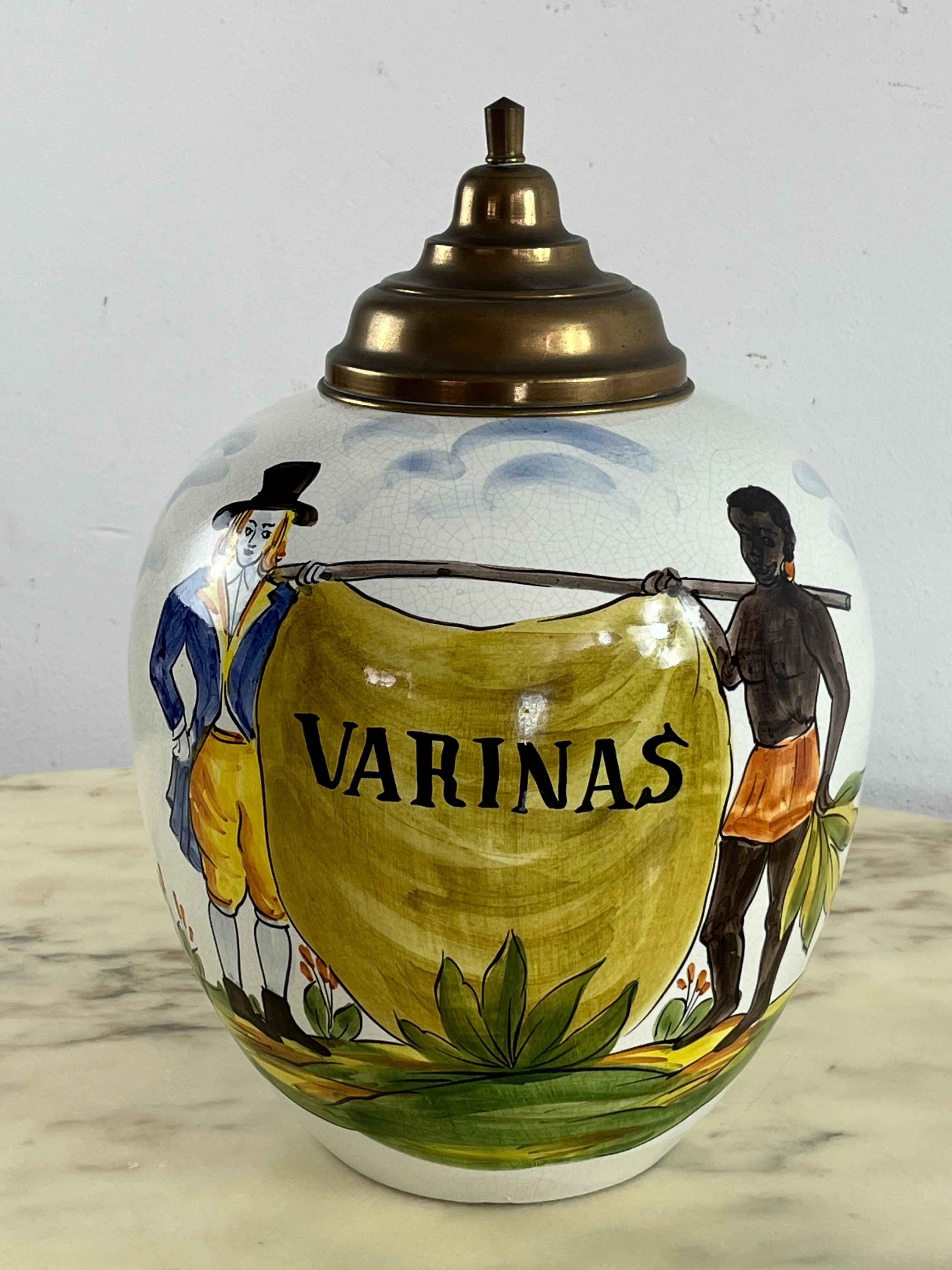Large Mid-Century Tobacco Holder In Polychrome Ceramic And Brass Lid 1950s For Sale 9