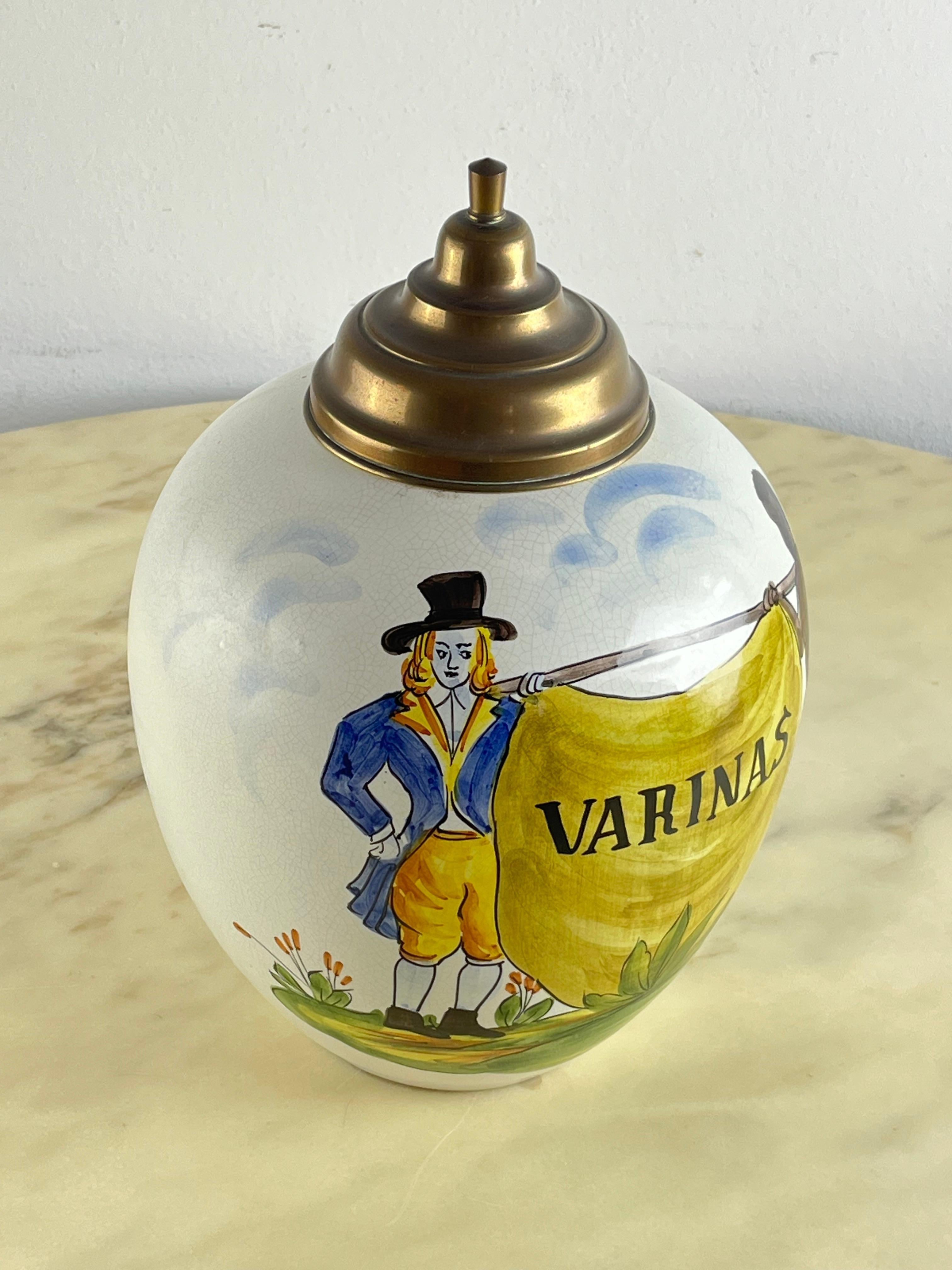 Dutch Large Mid-Century Tobacco Holder In Polychrome Ceramic And Brass Lid 1950s For Sale