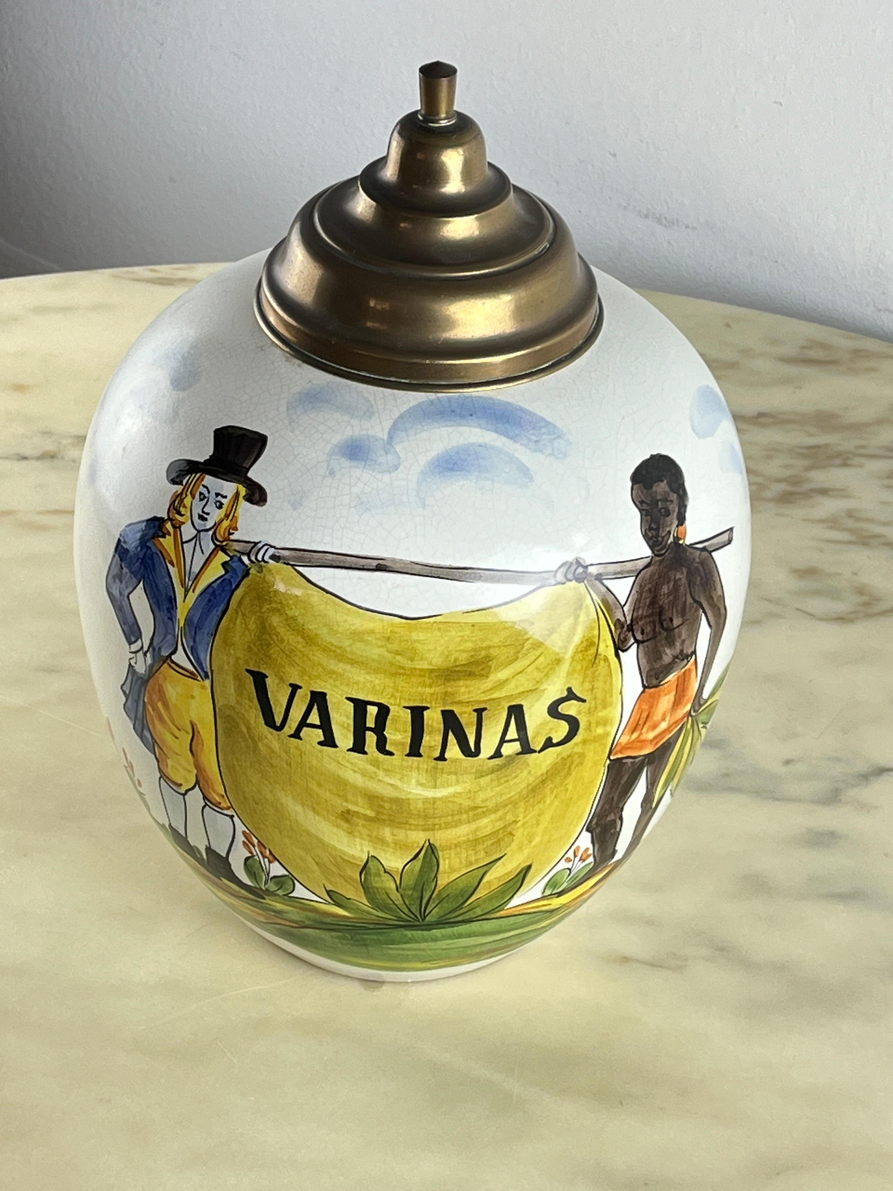 Large Mid-Century Tobacco Holder In Polychrome Ceramic And Brass Lid 1950s In Good Condition For Sale In Palermo, IT