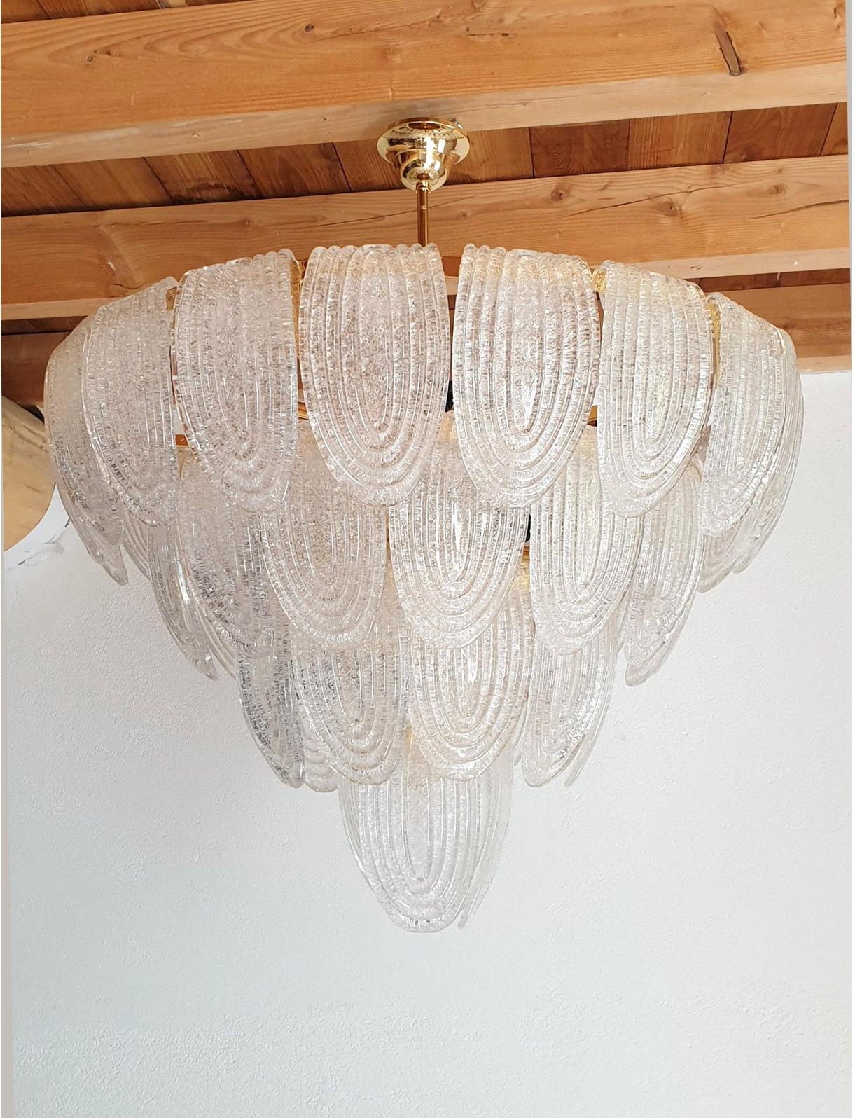 Mid-Century Modern Large Midcentury Clear Murano Glass & Gold Plated Chandelier Mazzega Style Italy