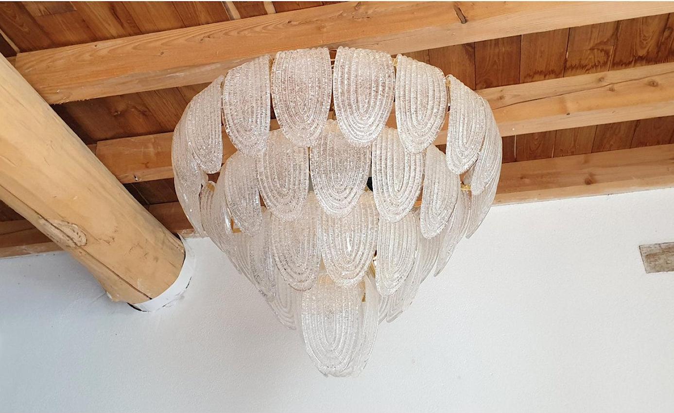 Hand-Crafted Large Midcentury Clear Murano Glass & Gold Plated Chandelier Mazzega Style Italy