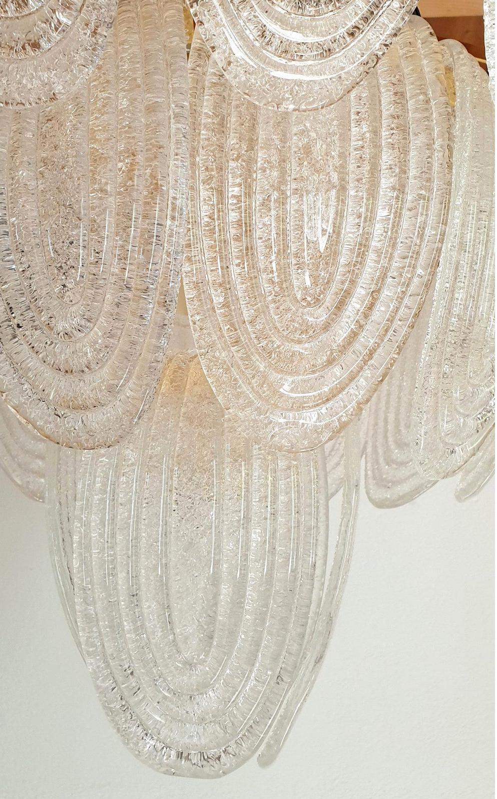 Late 20th Century Large Midcentury Clear Murano Glass & Gold Plated Chandelier Mazzega Style Italy