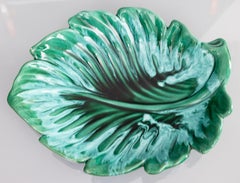 Large Mid Century French Vallauris Green Swirl Majolica Leaf Platter Centerpiece