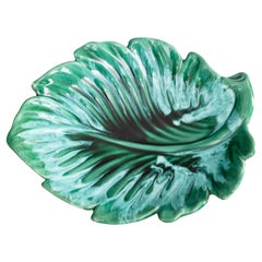 Large Mid Century French Vallauris Green Swirl Majolica Leaf Platter Centerpiece