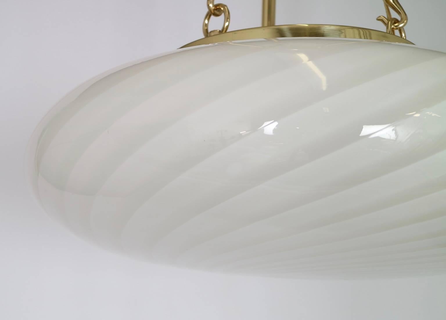 Mid-Century Modern Large Midcentury Venini Glass Pendant with White Swirl