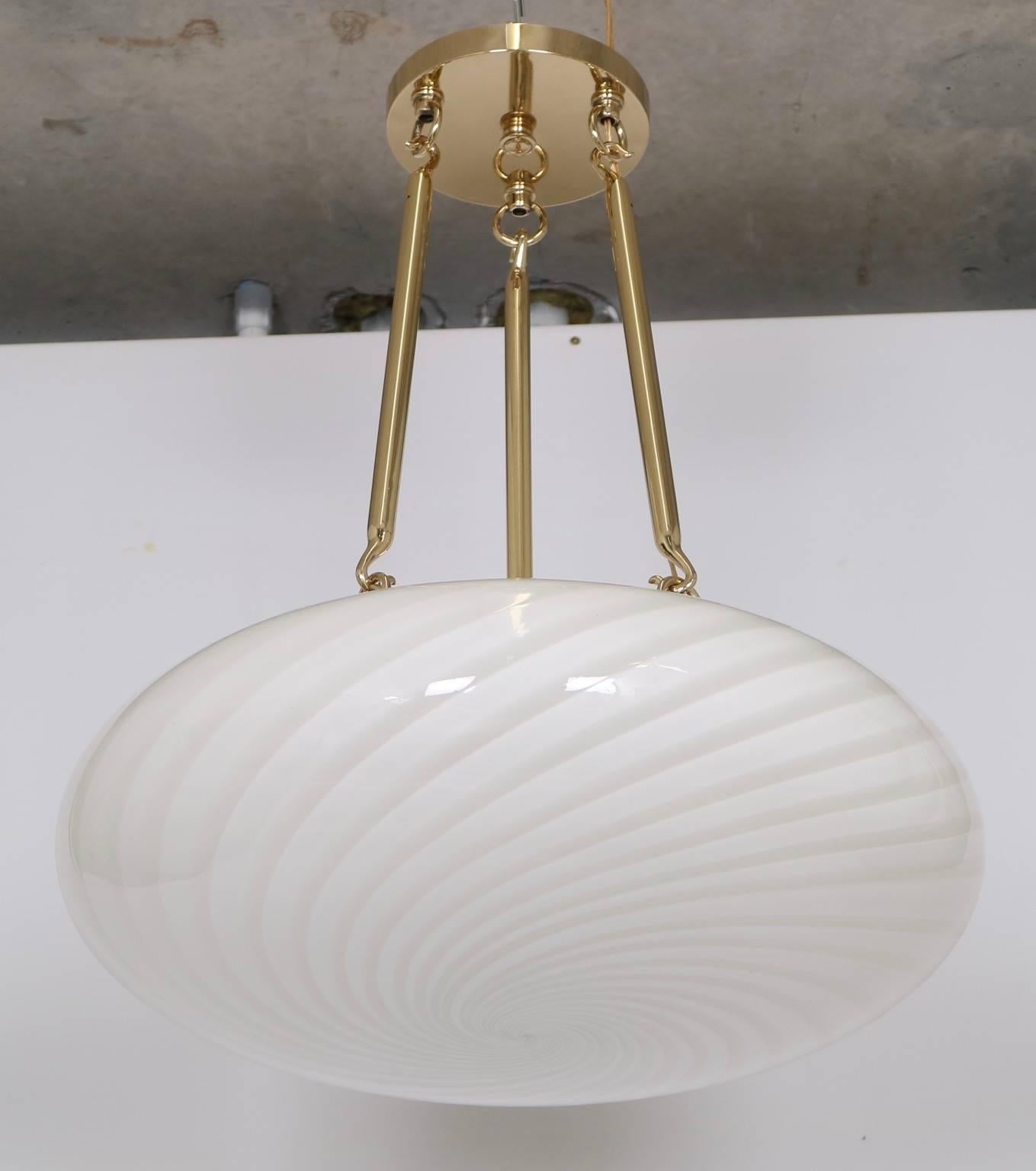 Italian Large Midcentury Venini Glass Pendant with White Swirl