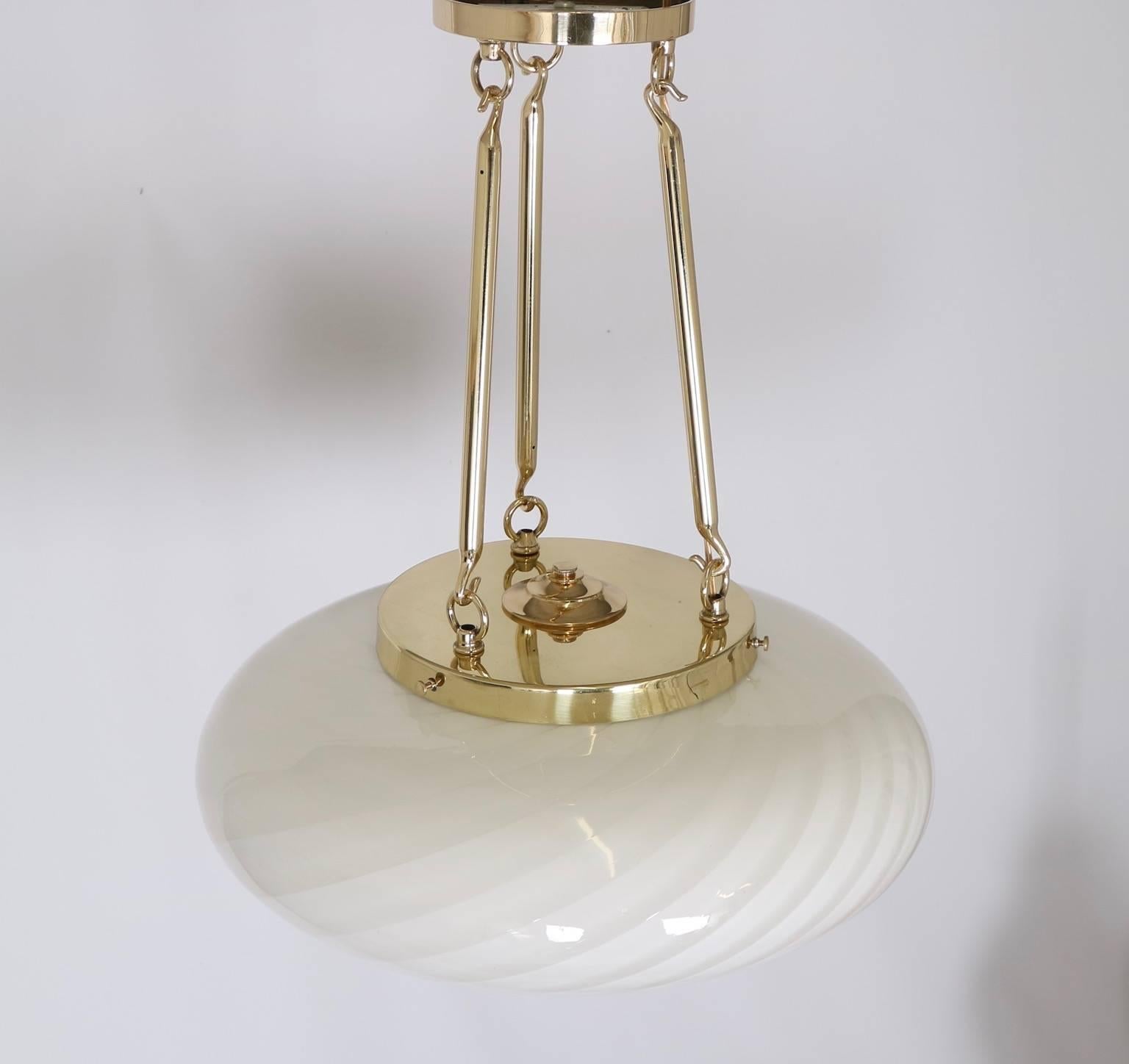 Large Midcentury Venini Glass Pendant with White Swirl In Excellent Condition In New York, NY