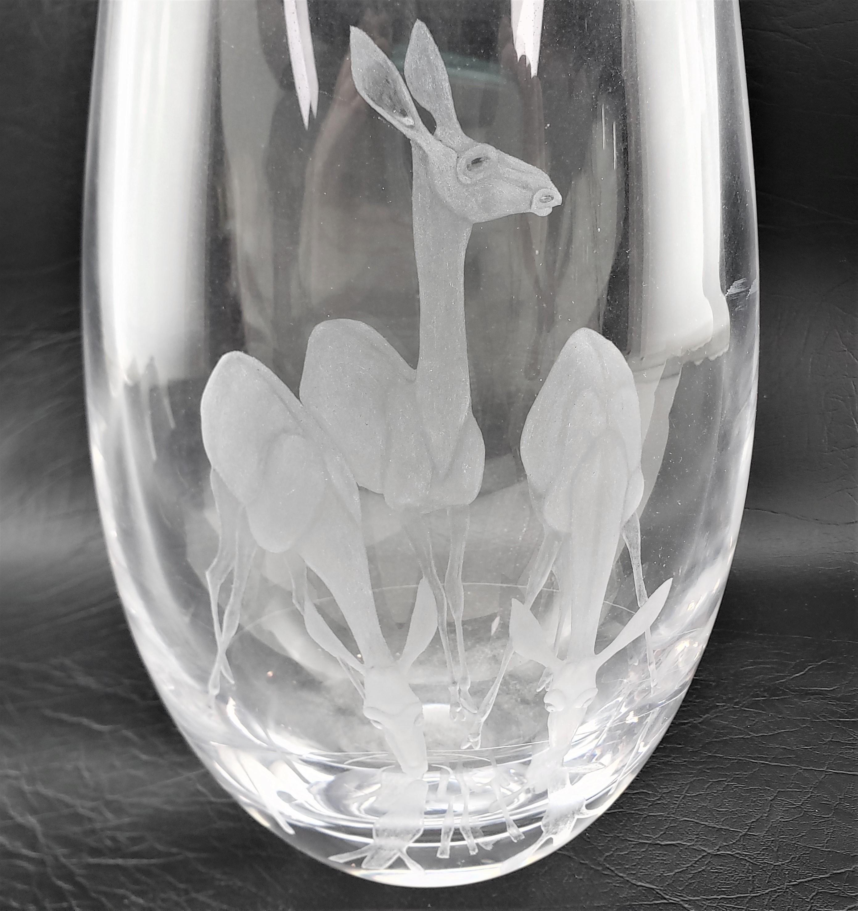 Large Mid-Century Vicke Lindstramd for Kosta Boda Clear Vase with Etched Deer For Sale 1