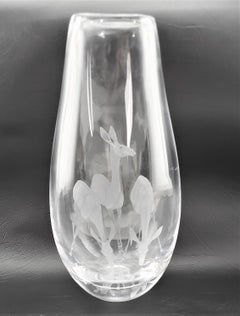 Large Mid-Century Vicke Lindstramd for Kosta Boda Clear Vase with Etched Deer