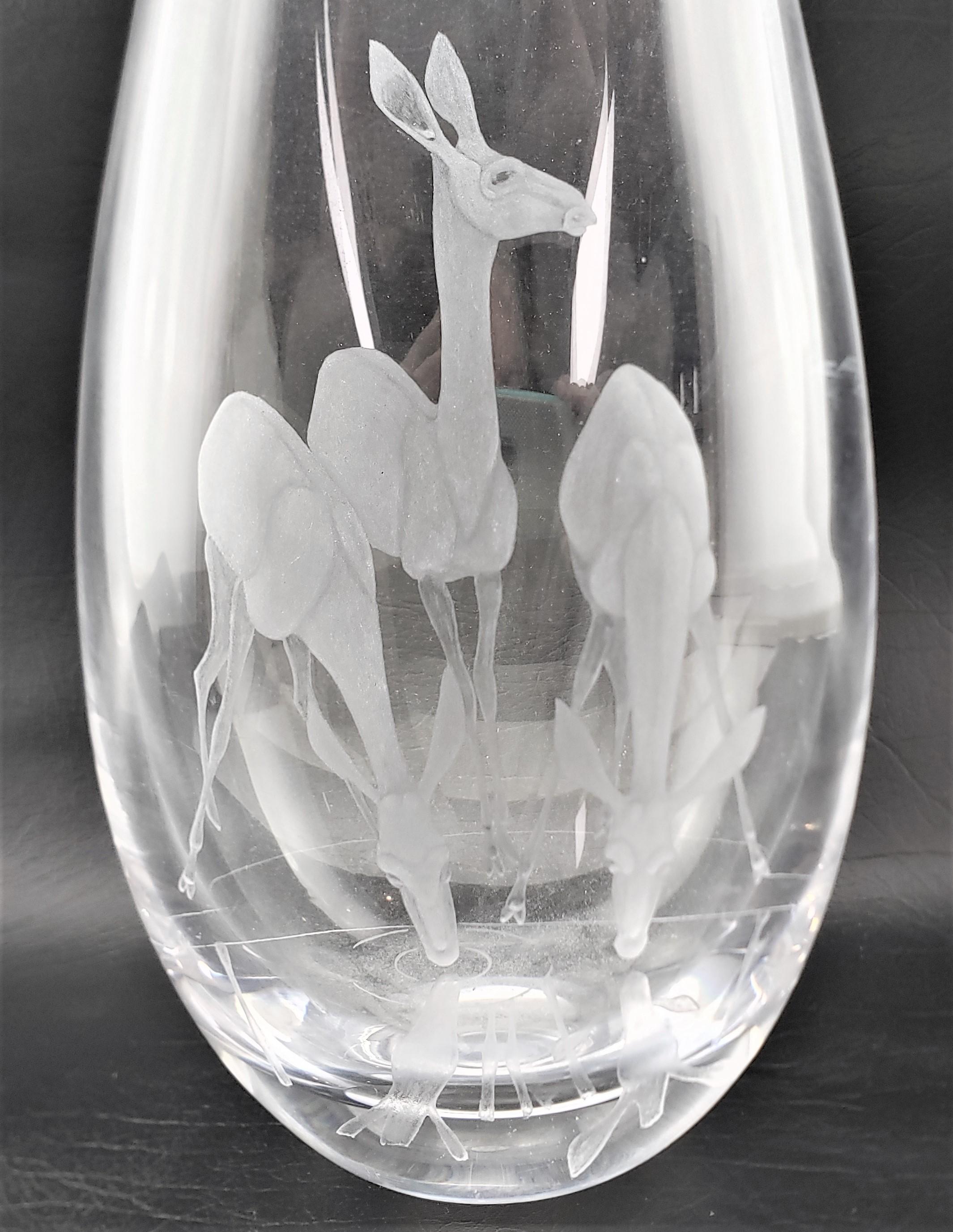 Large Mid-Century Vicke Lindstramd for Kosta Boda Clear Vase with Etched Deer For Sale 1