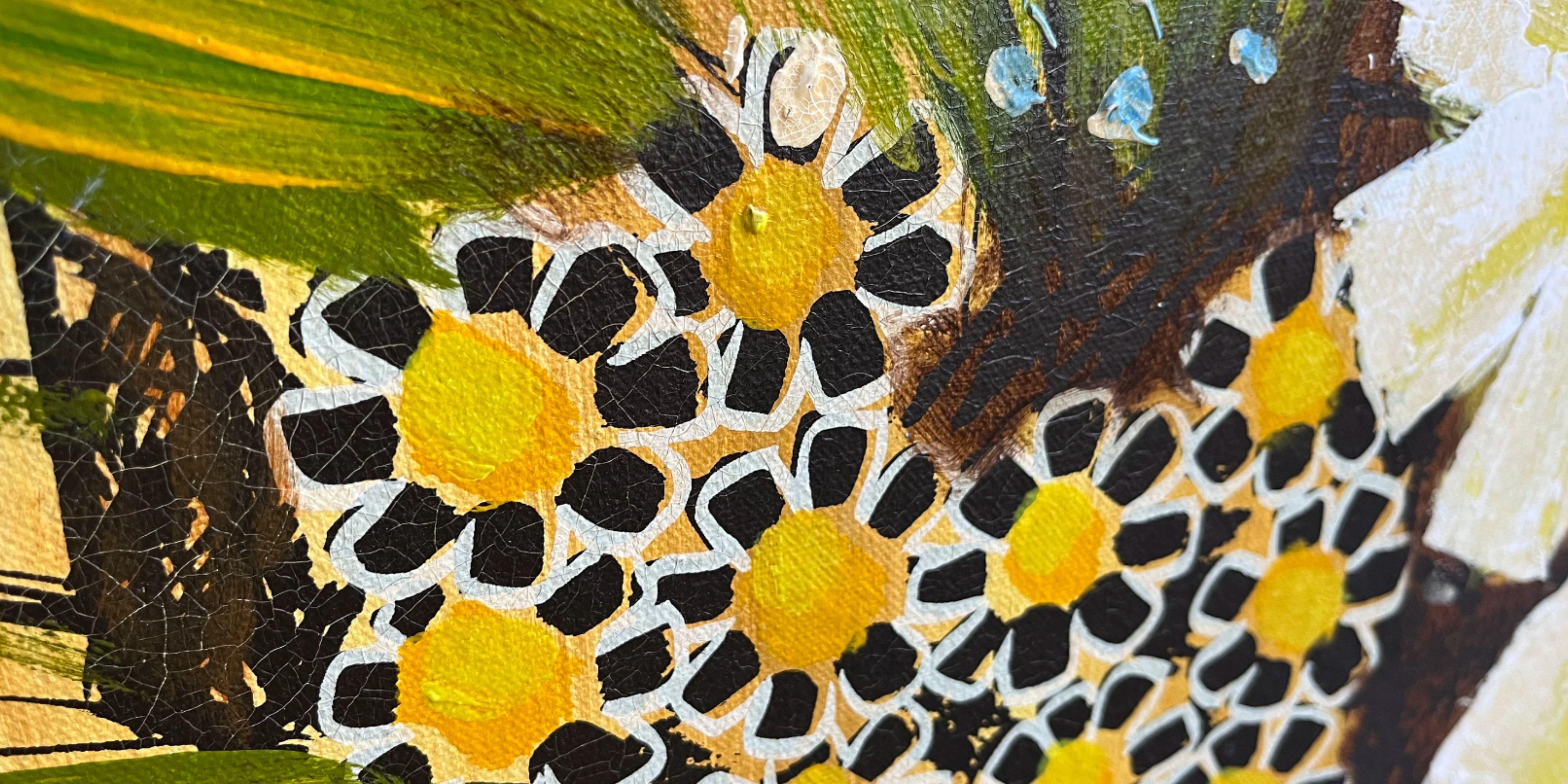 Large Mid Century Vintage 1960s Yellow Daisies Flowers in Basket Still Life Acry In Good Condition For Sale In Portsmouth, VA