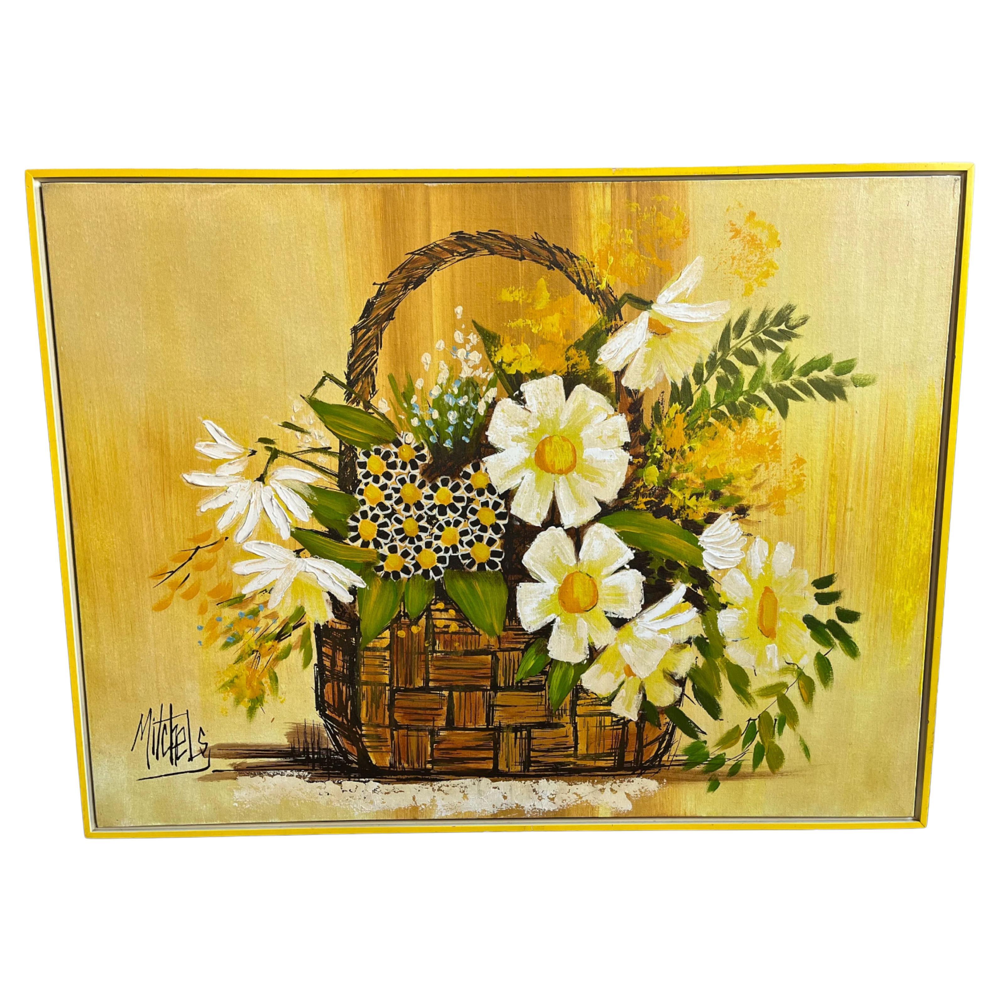 Large Mid Century Vintage 1960s Yellow Daisies Flowers in Basket Still Life Acry For Sale