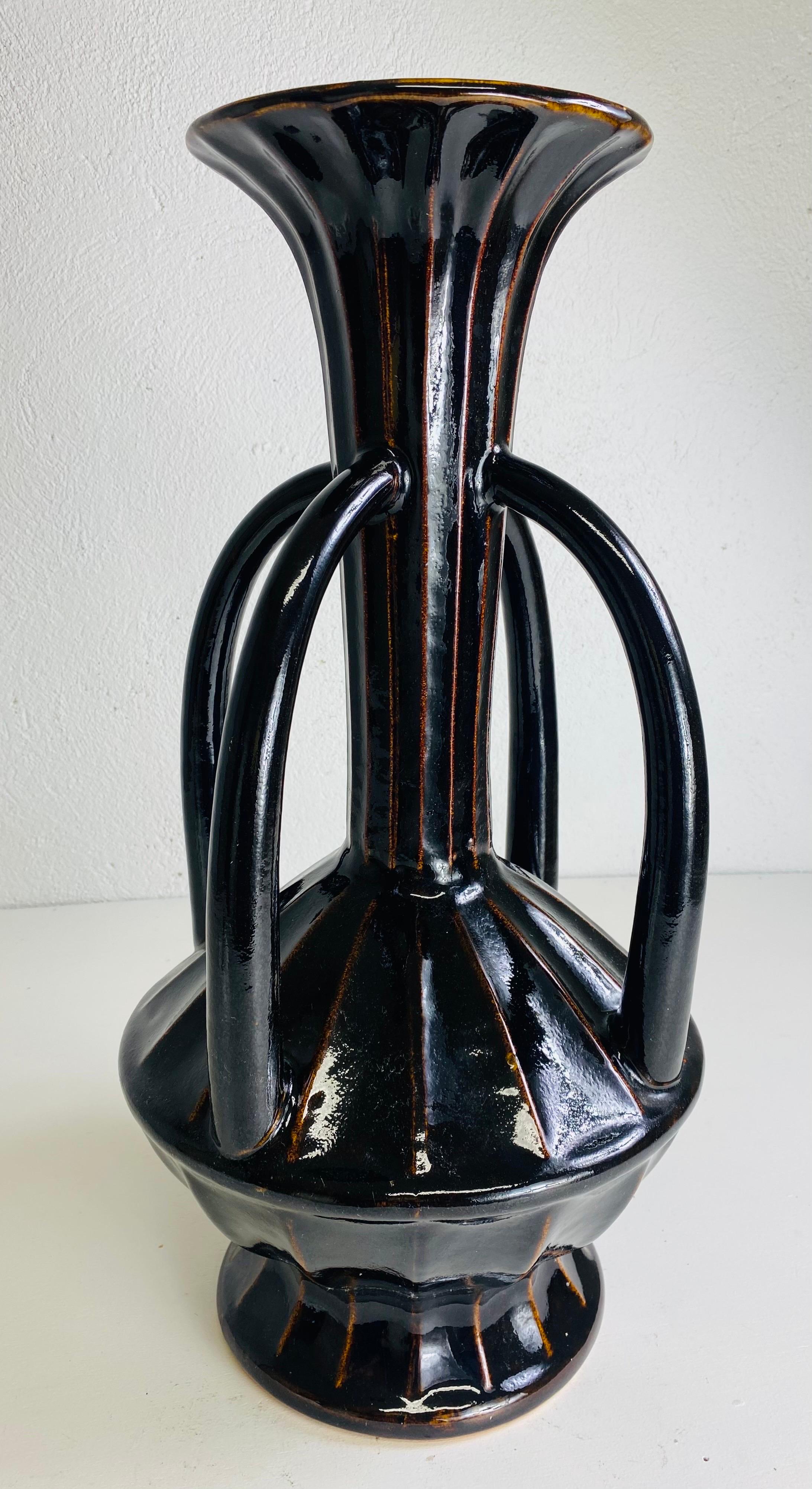 Hand-Crafted Large mid century vintage espresso brown pottery vase. For Sale