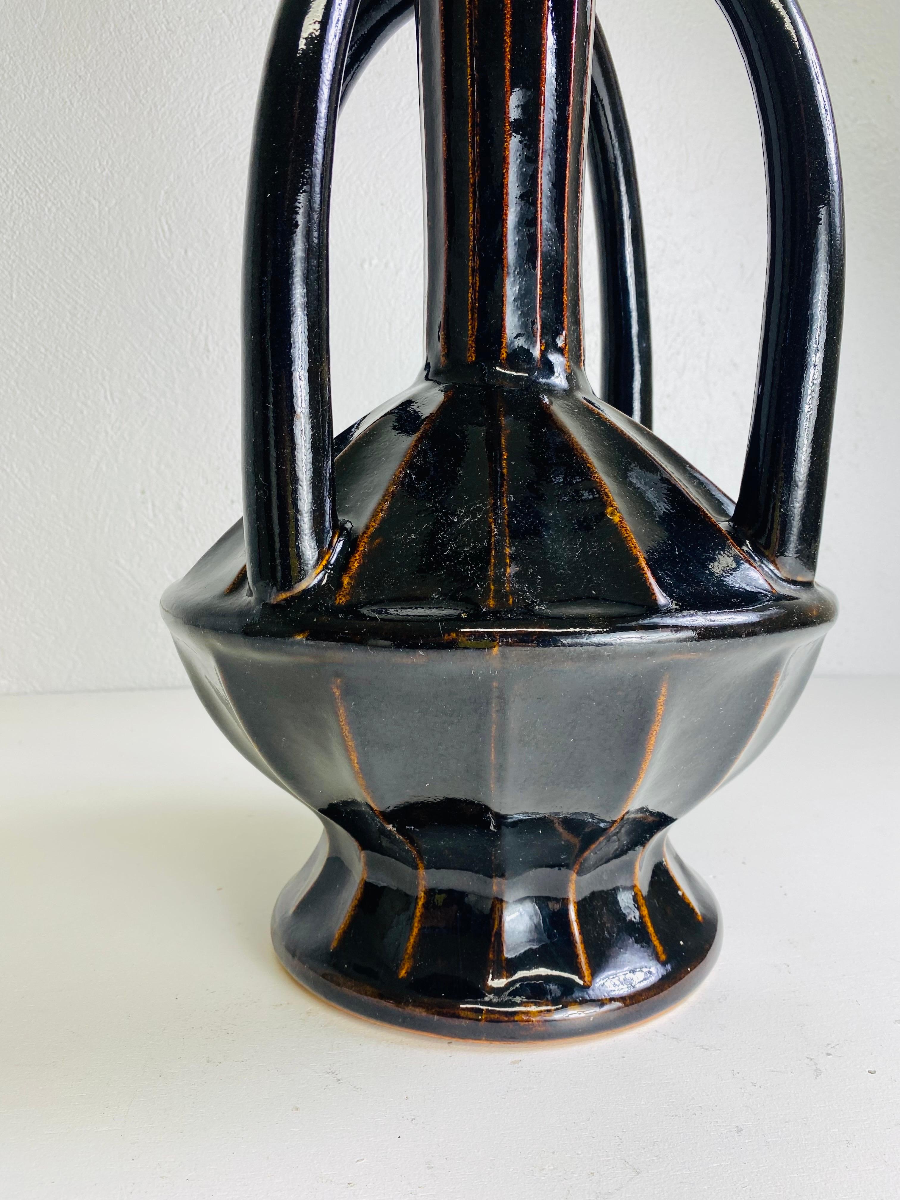 Late 20th Century Large mid century vintage espresso brown pottery vase. For Sale