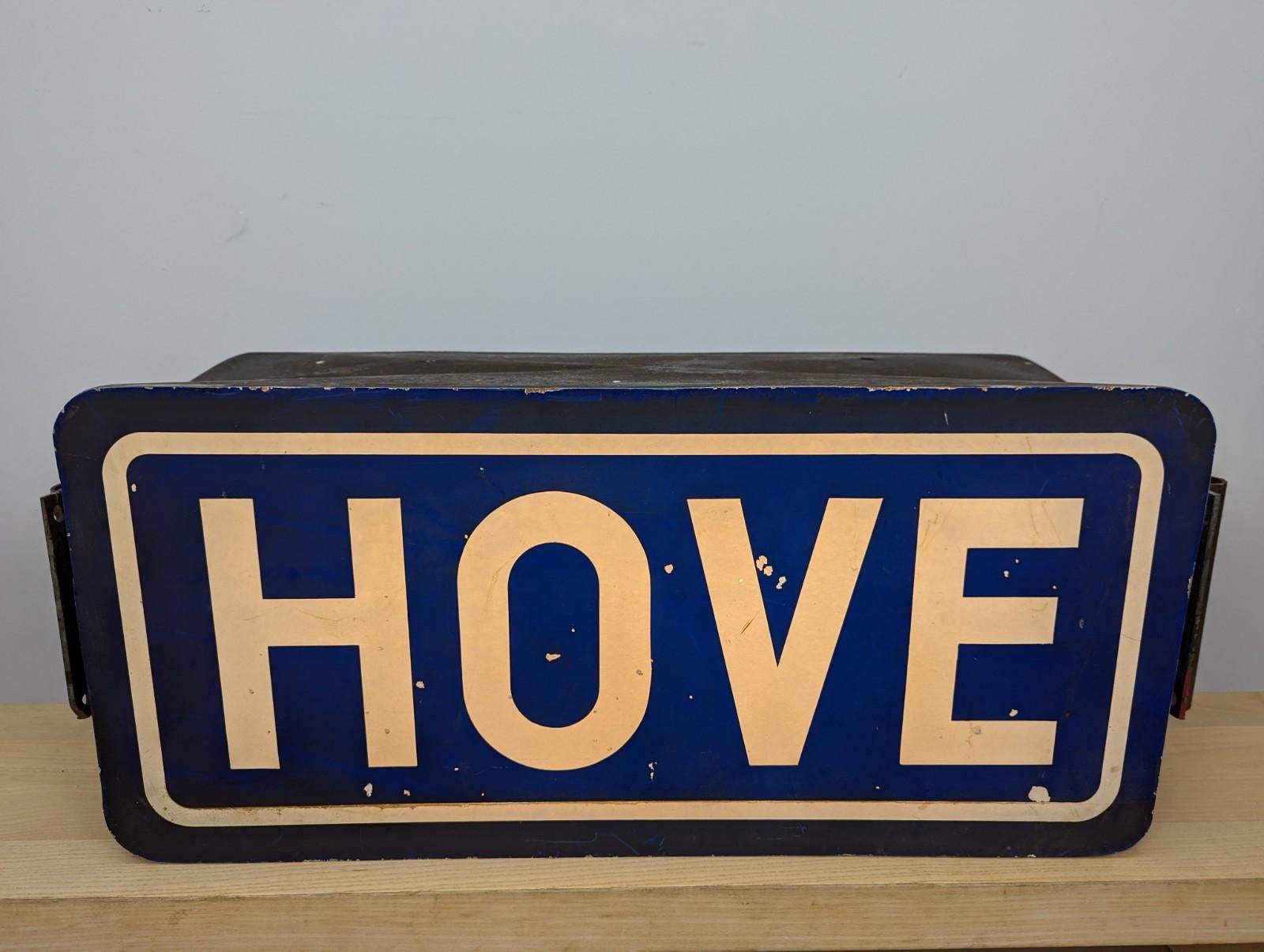 Large mid century vintage 'Hove' advertising light box.

The box is made from fiberglass and contains a modern LED light fitting.

The item has a great patina.