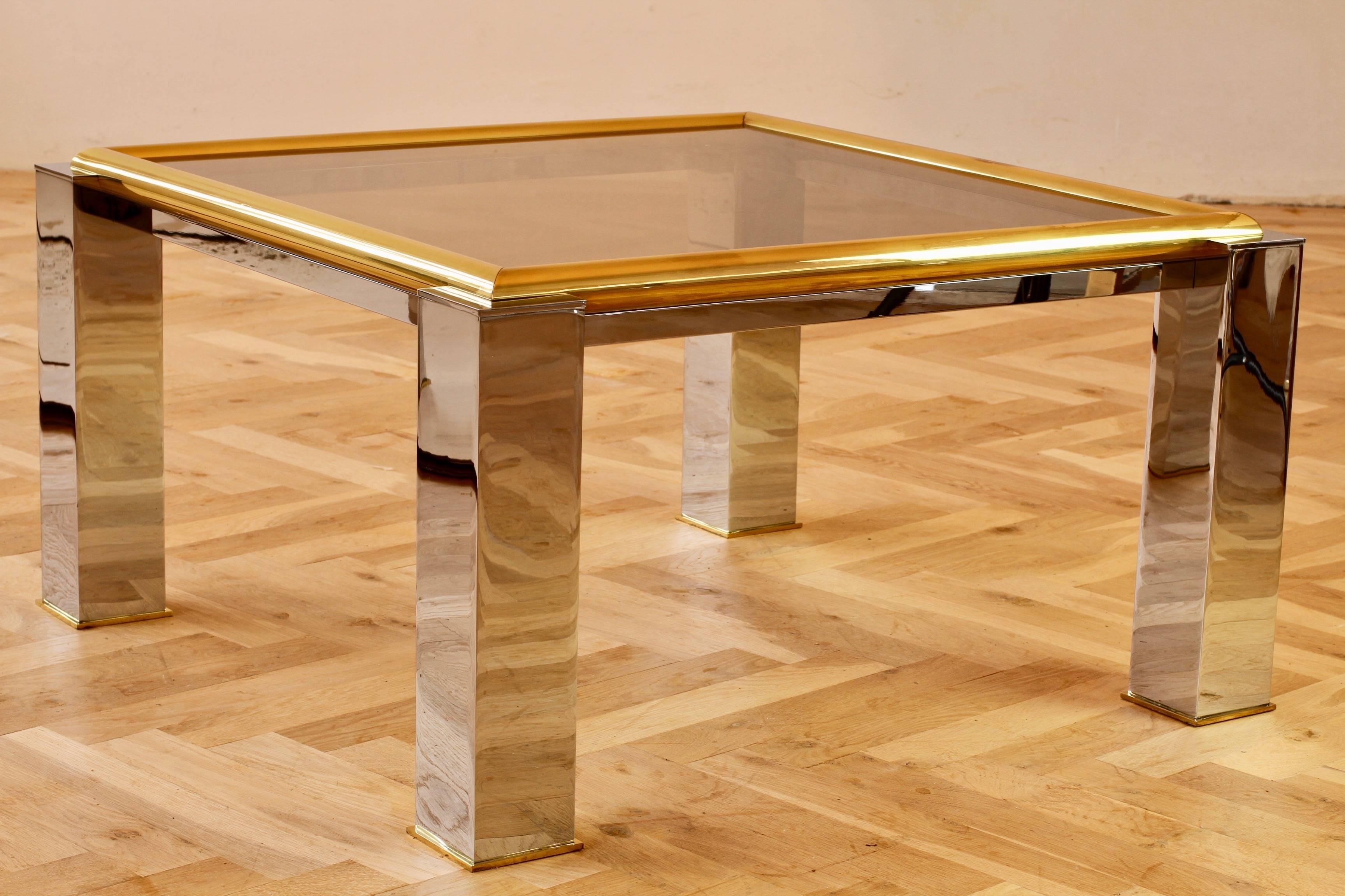 Large Midcentury Vintage Square Bicolor Brass and Chrome Coffee Table, 1970s For Sale 2