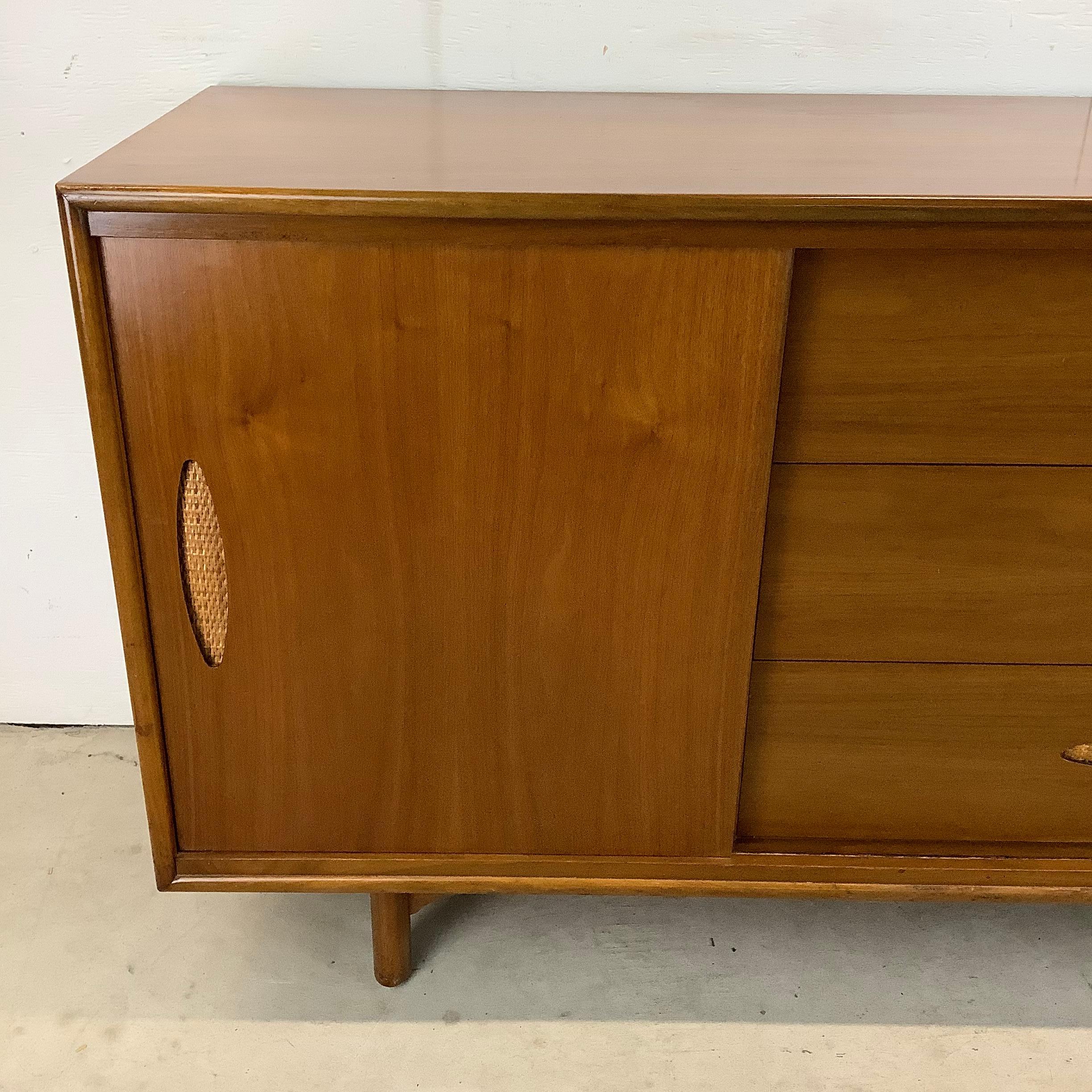 Veneer Large Mid-Century Walnut and Cane Dresser by Cavalier Furniture For Sale