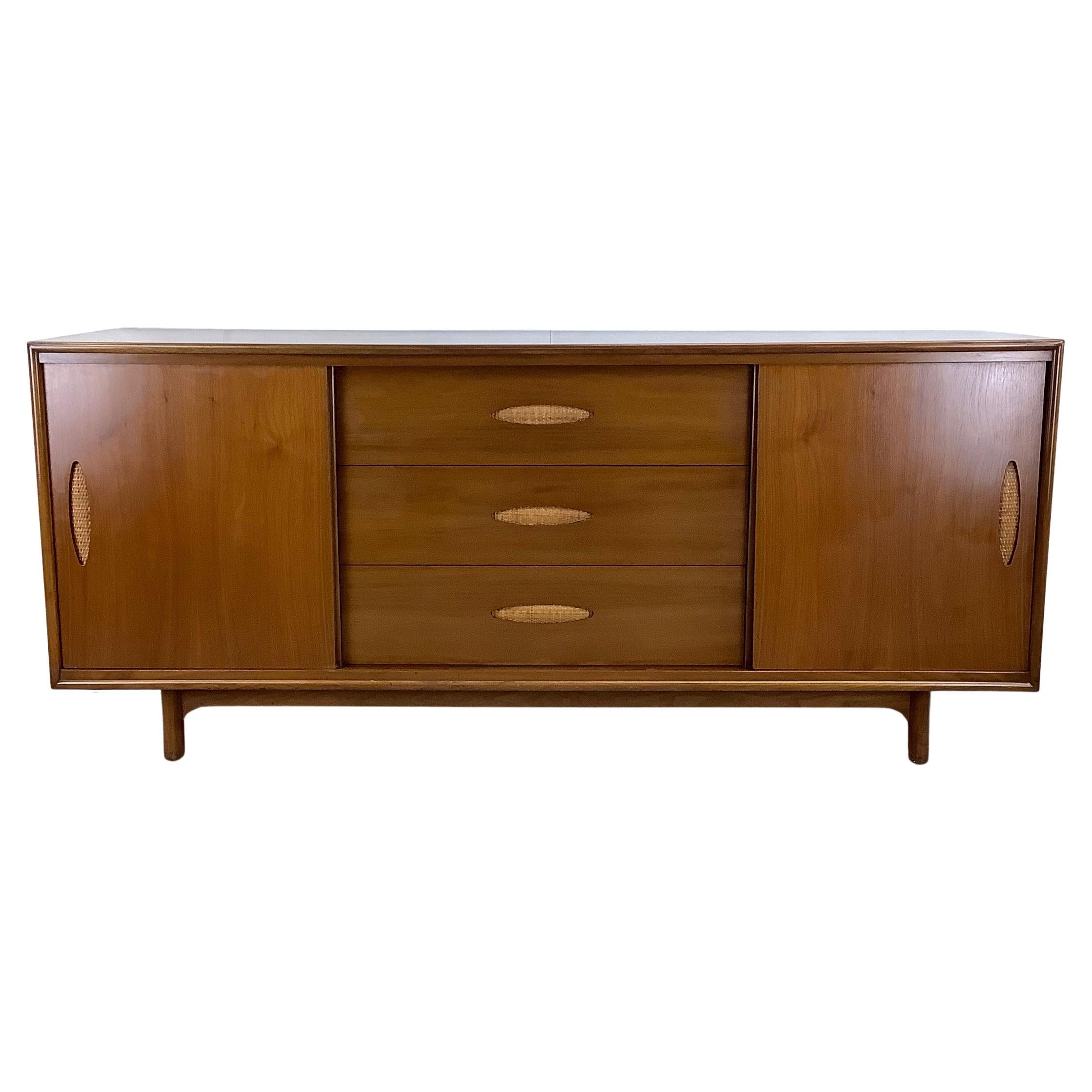 Large Mid-Century Walnut and Cane Dresser by Cavalier Furniture For Sale