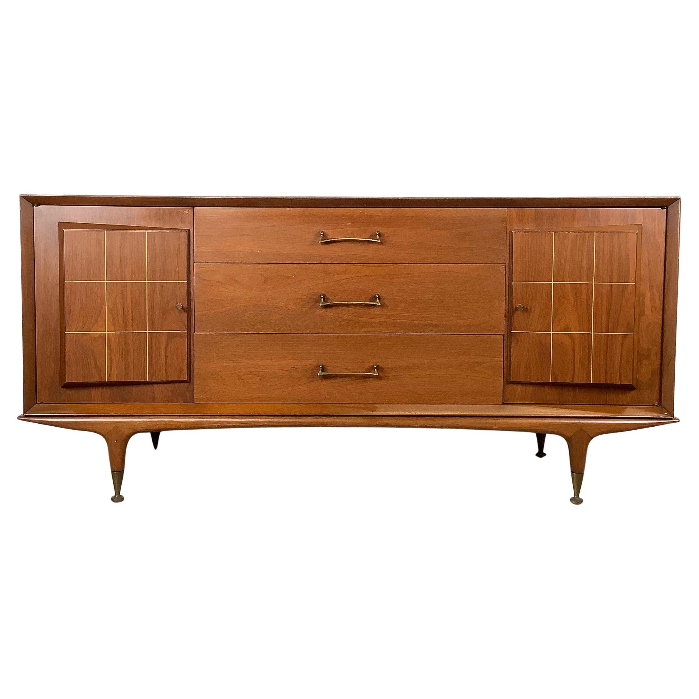 Large Mid-Century Walnut Dresser With Geometric Design