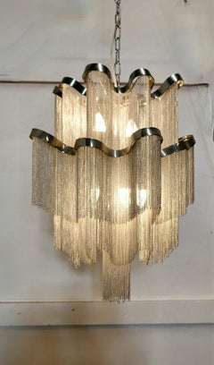 Large Midcentury Wavy Waterfall Chrome Chain Chandelier