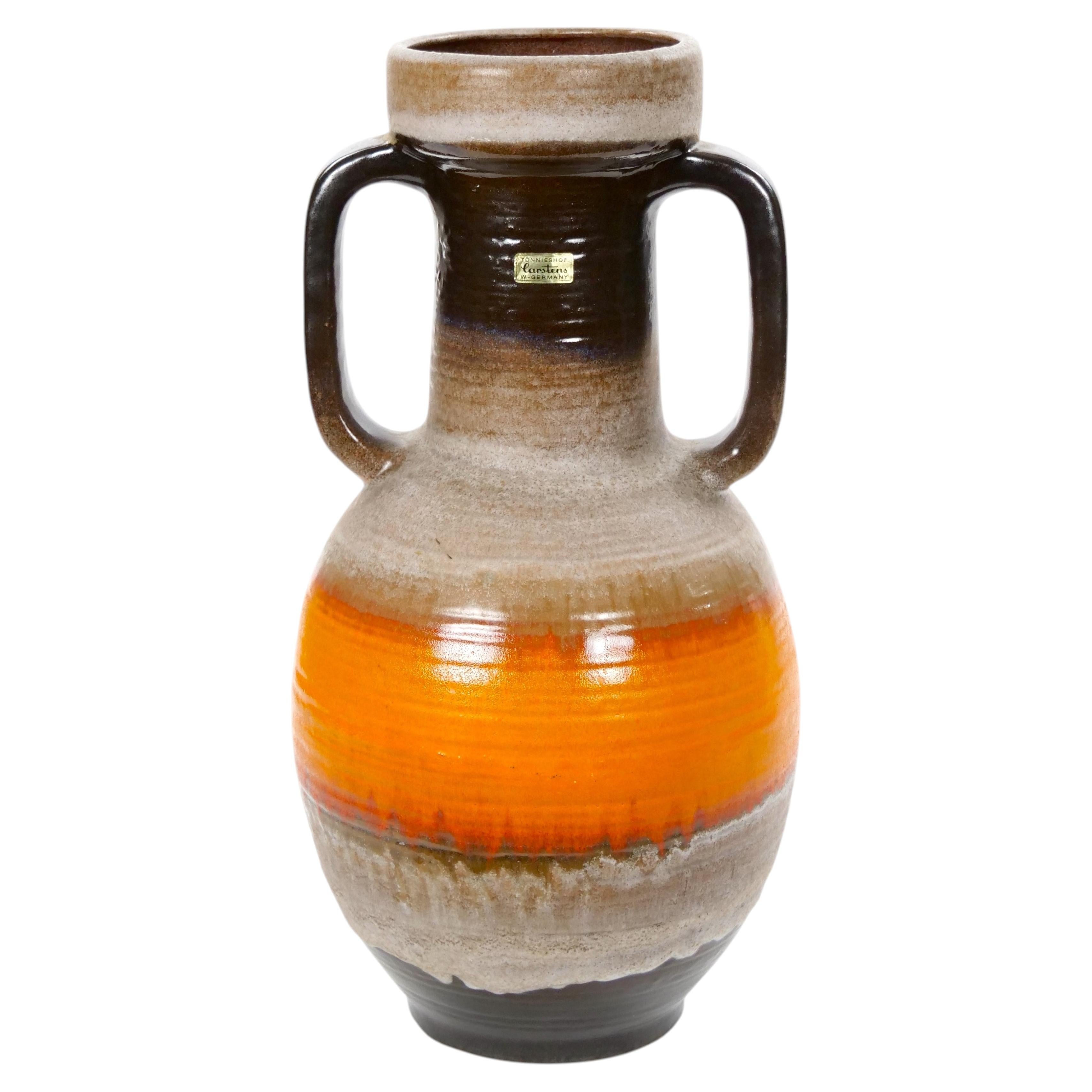 Large Mid-Century West German Porcelain Vase, Orange, Beige & Brown, 18" Tall For Sale
